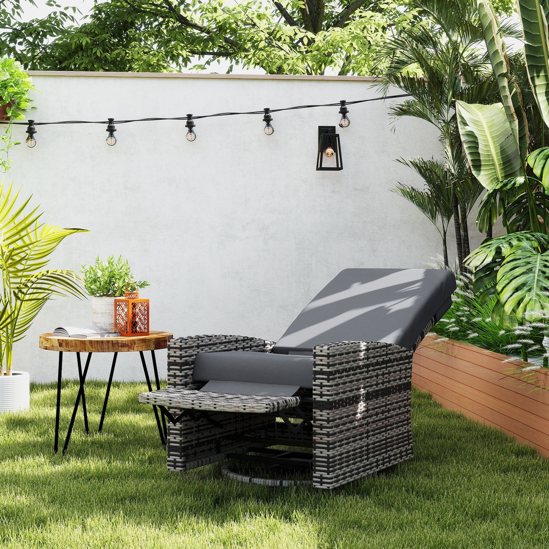 Outsunny Outdoor Wicker Swivel Recliner Chair, Lifting Footrest, 360° Rotating Basic, Water-resistant Cushions, Gray