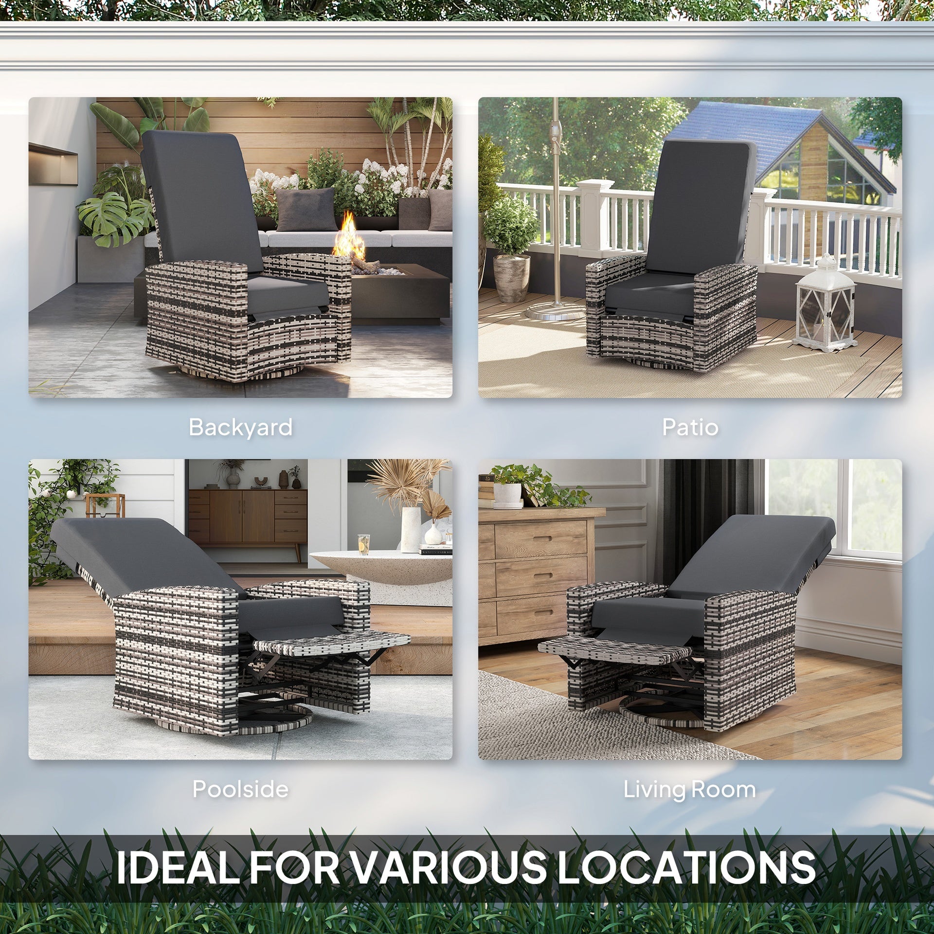 Outsunny Outdoor Wicker Swivel Recliner Chair, Lifting Footrest, 360° Rotating Basic, Water-resistant Cushions, Gray