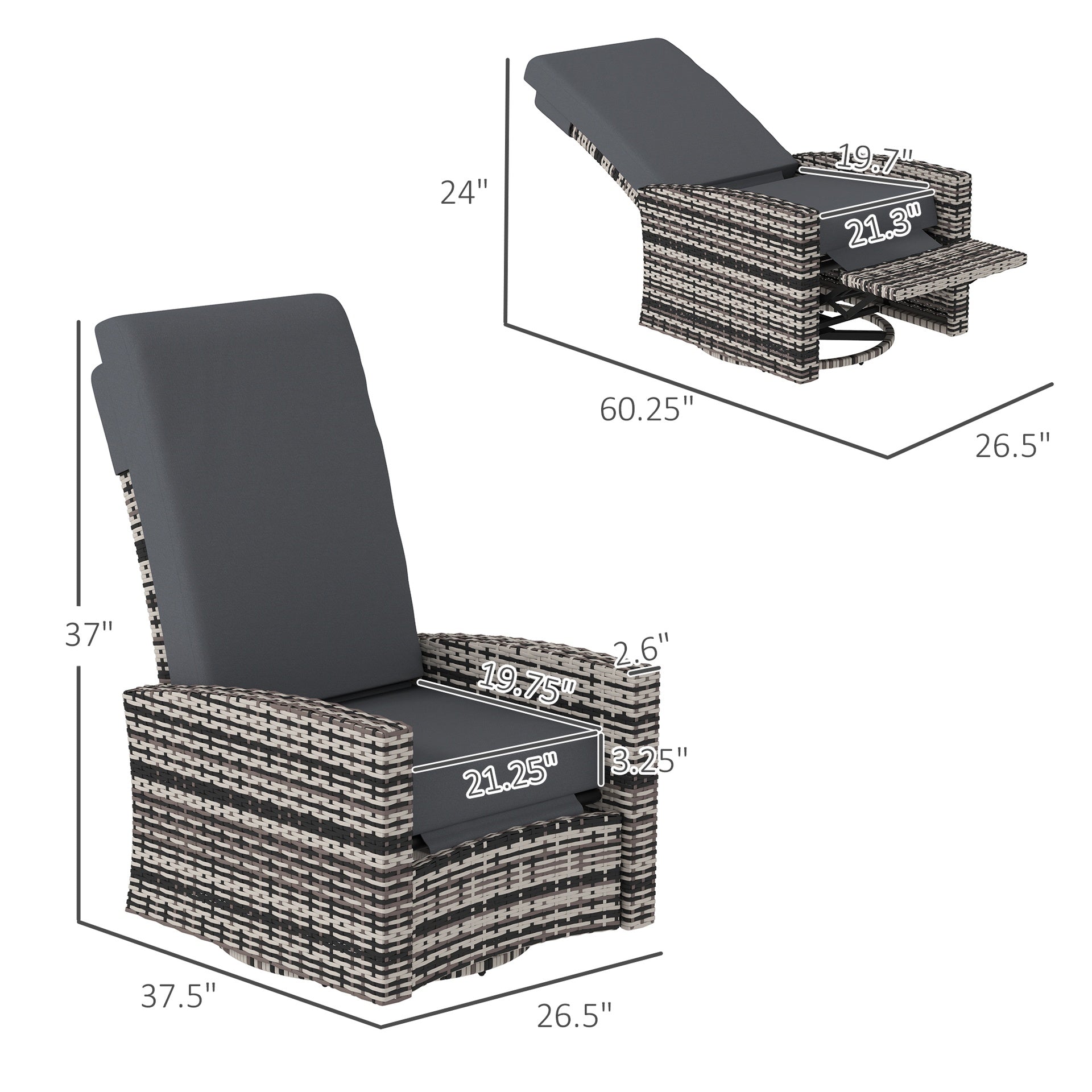 Outsunny Outdoor Wicker Swivel Recliner Chair, Lifting Footrest, 360° Rotating Basic, Water-resistant Cushions, Gray