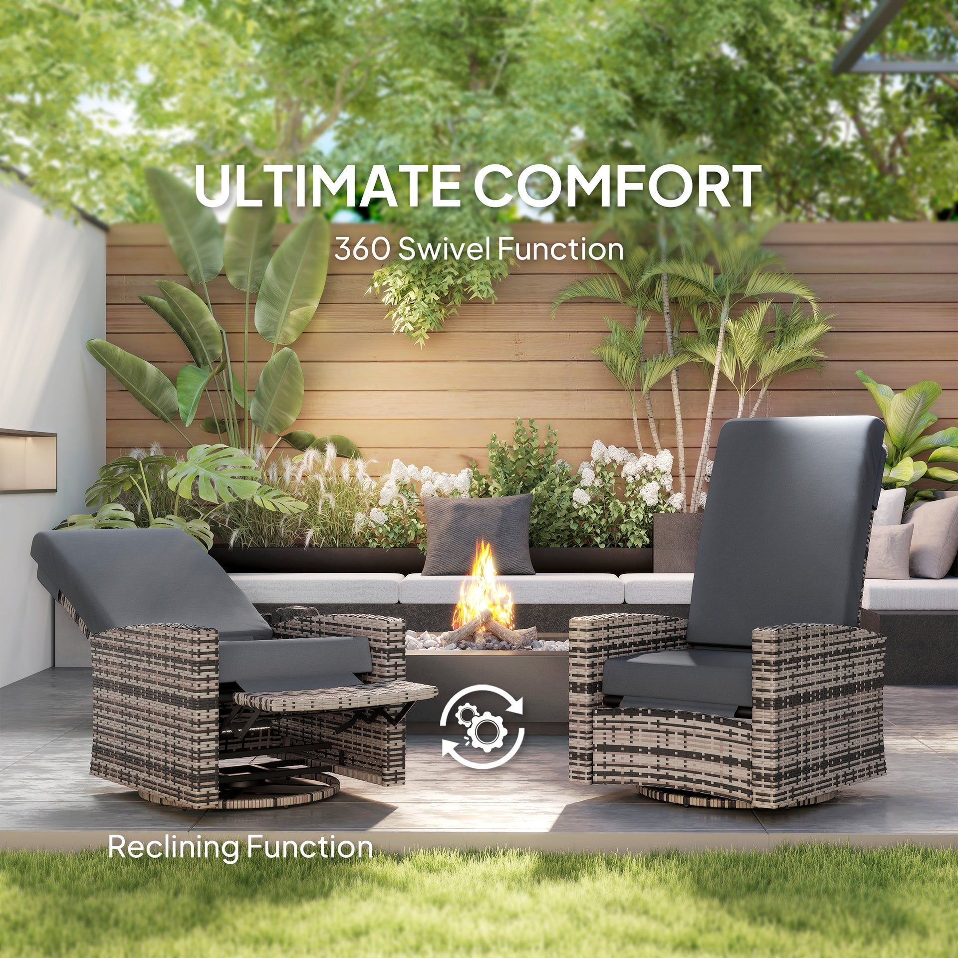 Outsunny Outdoor Wicker Swivel Recliner Chair, Lifting Footrest, 360° Rotating Basic, Water-resistant Cushions, Gray