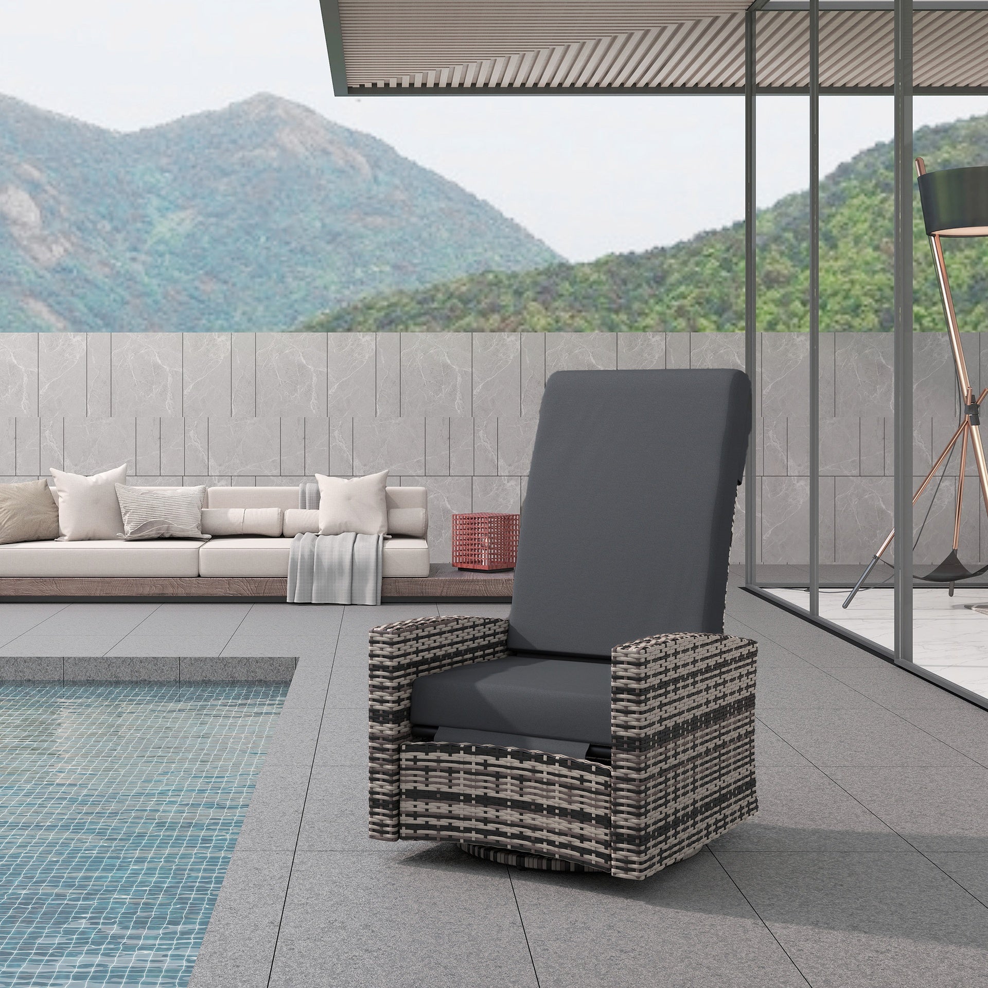 Outsunny Outdoor Wicker Swivel Recliner Chair, Lifting Footrest, 360° Rotating Basic, Water-resistant Cushions, Gray