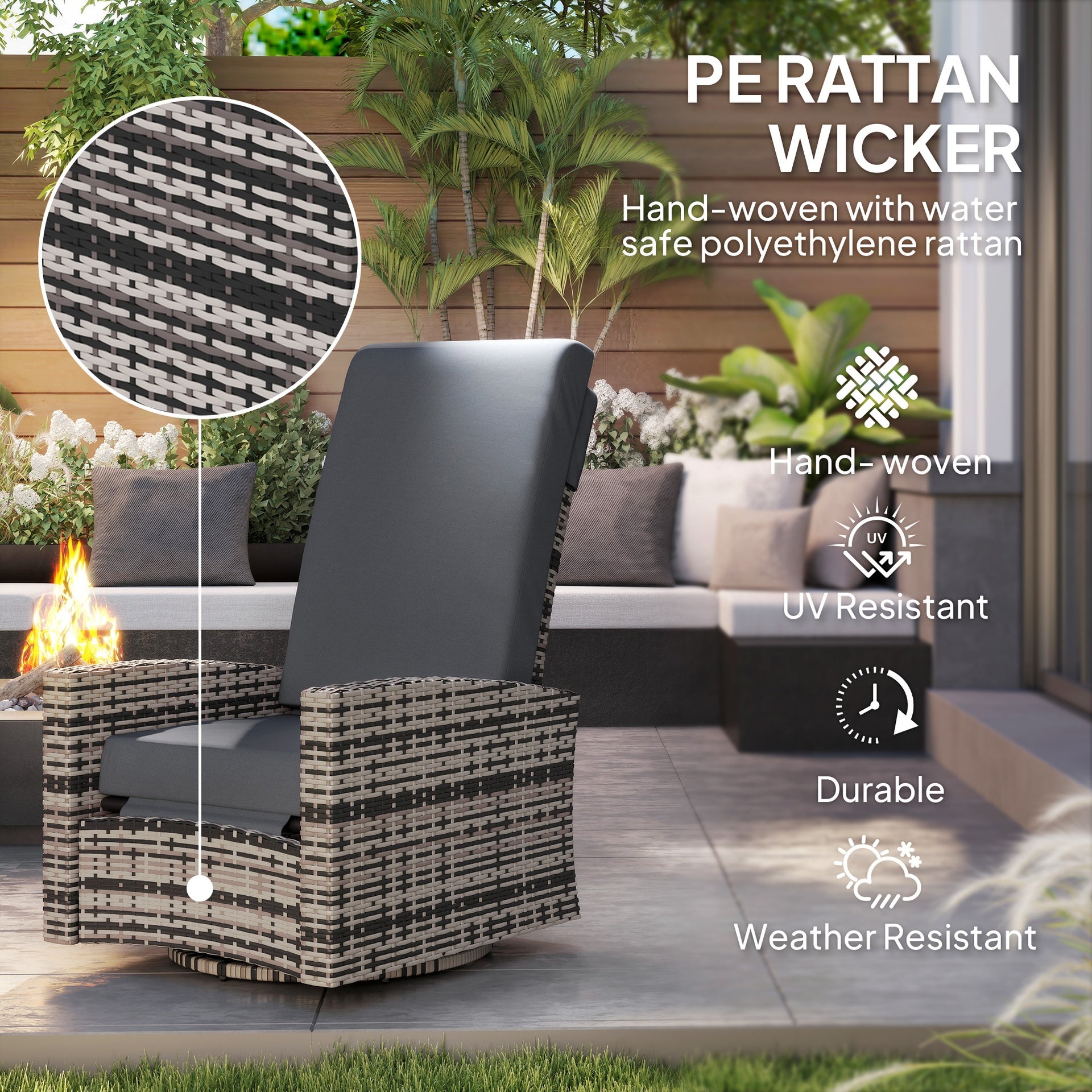 Outsunny Outdoor Wicker Swivel Recliner Chair, Lifting Footrest, 360° Rotating Basic, Water-resistant Cushions, Gray