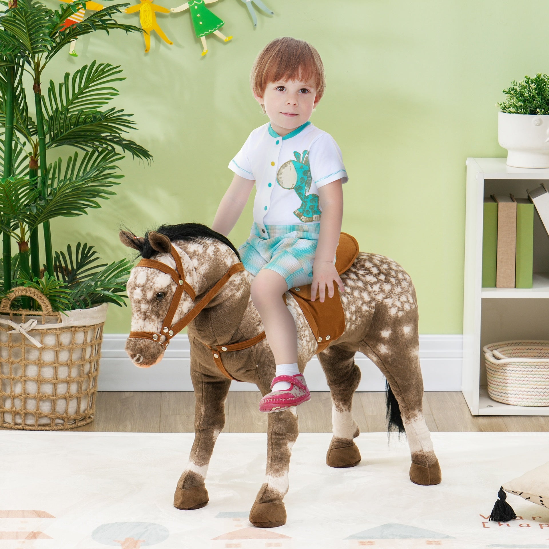 Qaba Kids Ride on Horse with Neighing Sound, Saddle for Ages 3-8