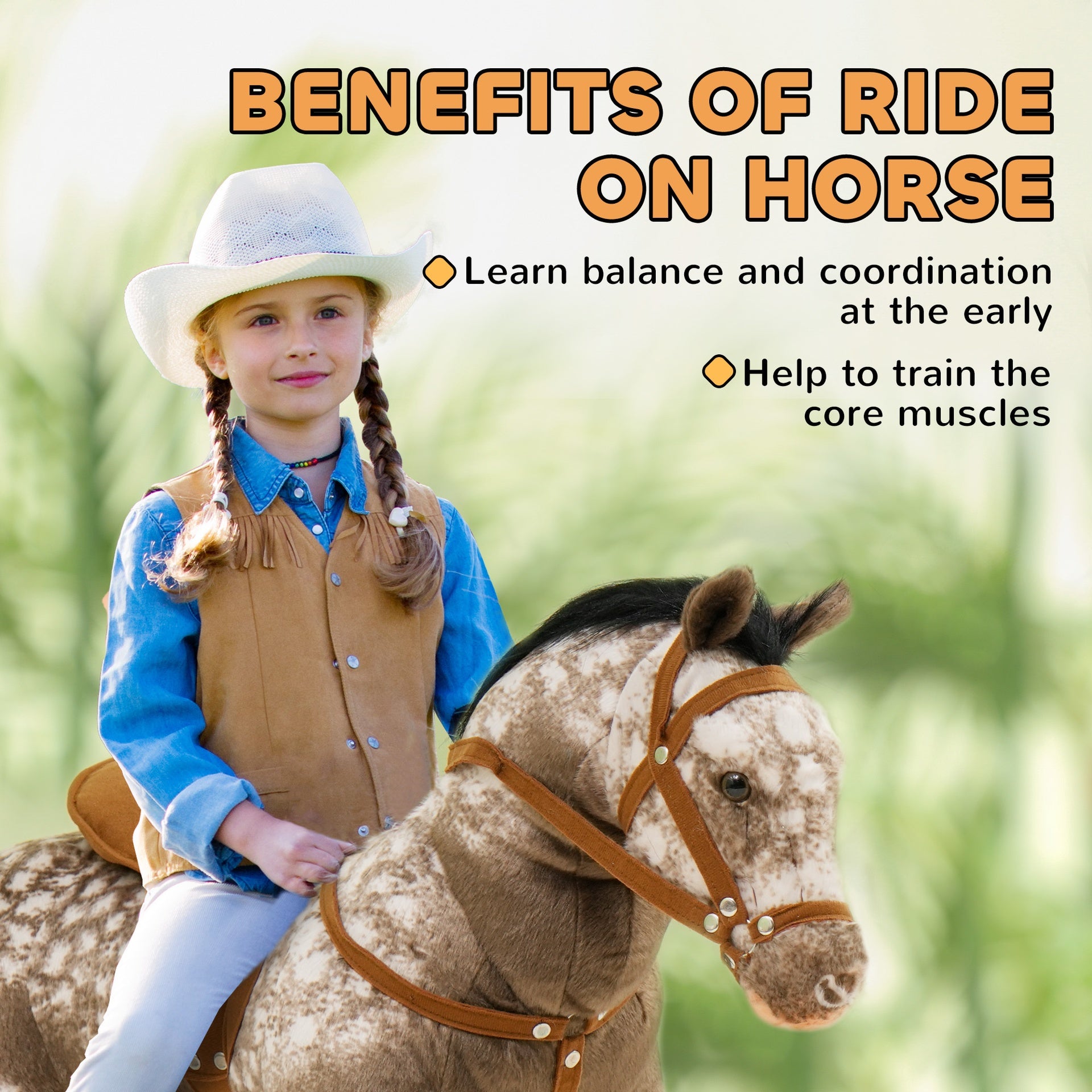Qaba Kids Ride on Horse with Neighing Sound, Saddle for Ages 3-8