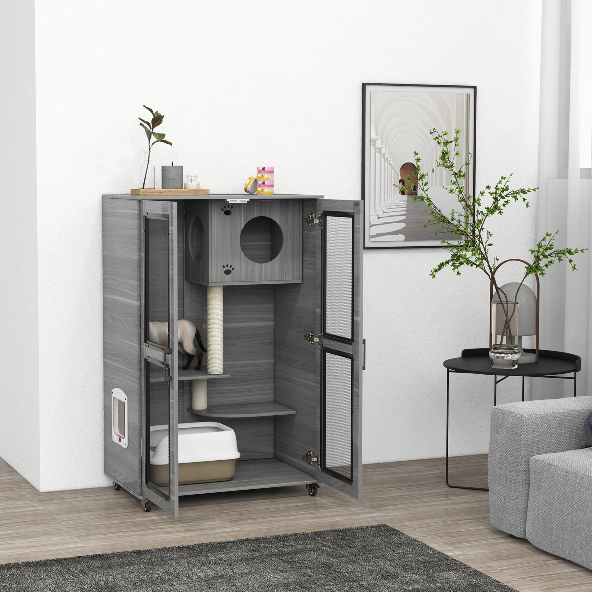 PawHut Cat Tree House with Scratching Post and Wheels, Gray