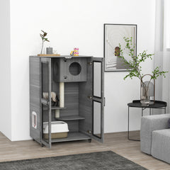 PawHut Cat Tree House with Scratching Post and Wheels, Gray