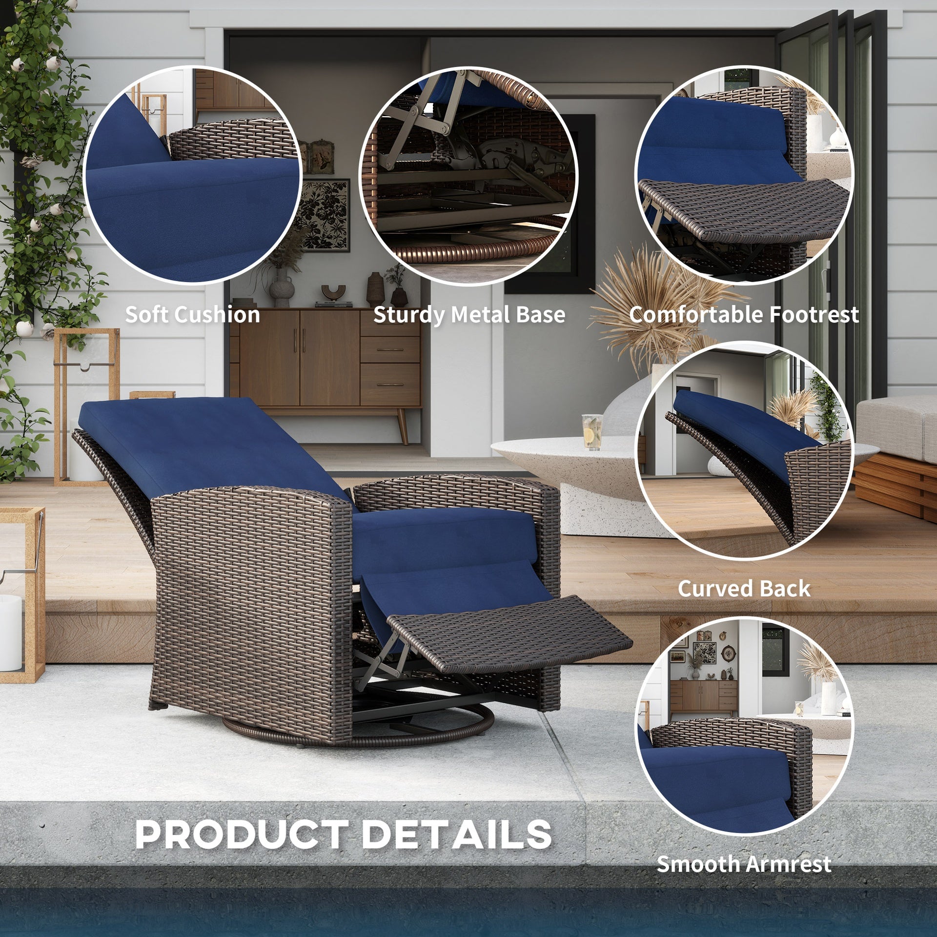 Outsunny Outdoor Wicker Chair, Reclining Backrest, Lifting Footrest, 360° Rotating Basic, Water Resistant Cushions, Dark Blue