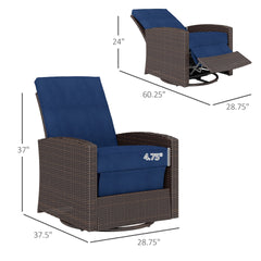 Outsunny Outdoor Wicker Chair, Reclining Backrest, Lifting Footrest, 360° Rotating Basic, Water Resistant Cushions, Dark Blue