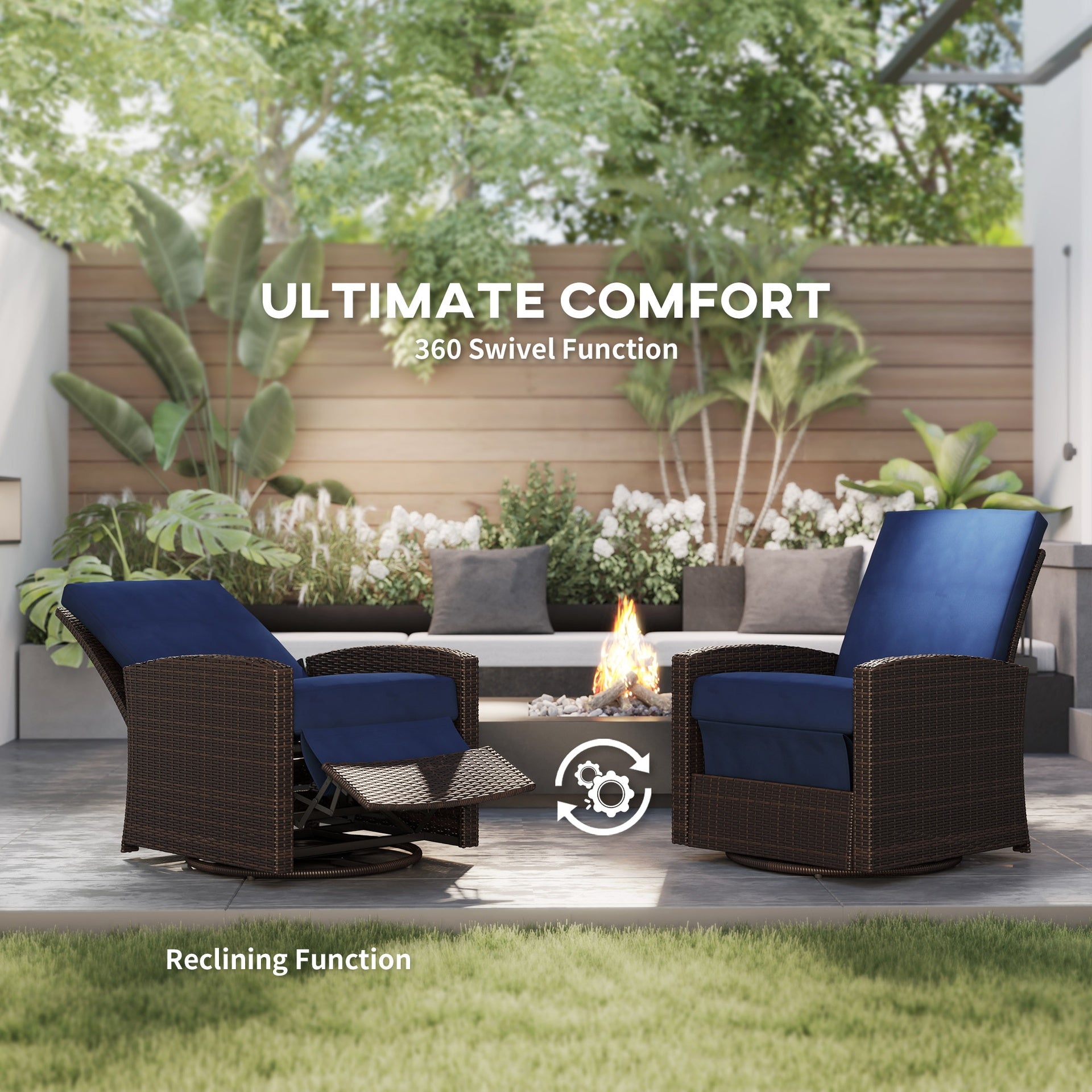 Outsunny Outdoor Wicker Chair, Reclining Backrest, Lifting Footrest, 360° Rotating Basic, Water Resistant Cushions, Dark Blue
