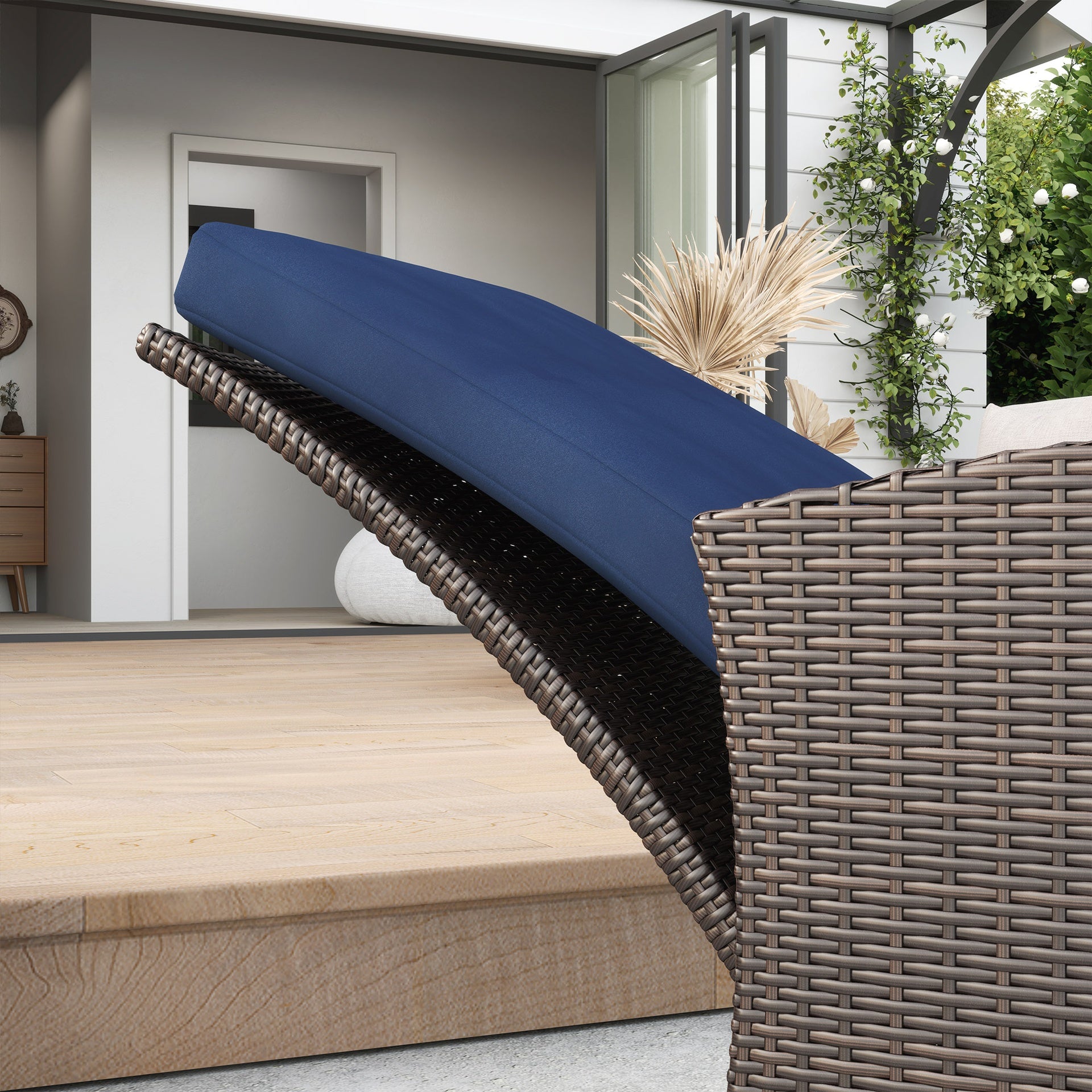 Outsunny Outdoor Wicker Chair, Reclining Backrest, Lifting Footrest, 360° Rotating Basic, Water Resistant Cushions, Dark Blue