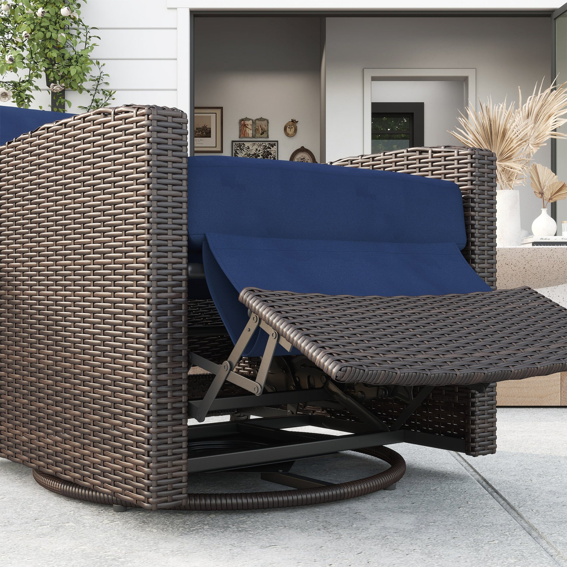 Outsunny Outdoor Wicker Chair, Reclining Backrest, Lifting Footrest, 360° Rotating Basic, Water Resistant Cushions, Dark Blue