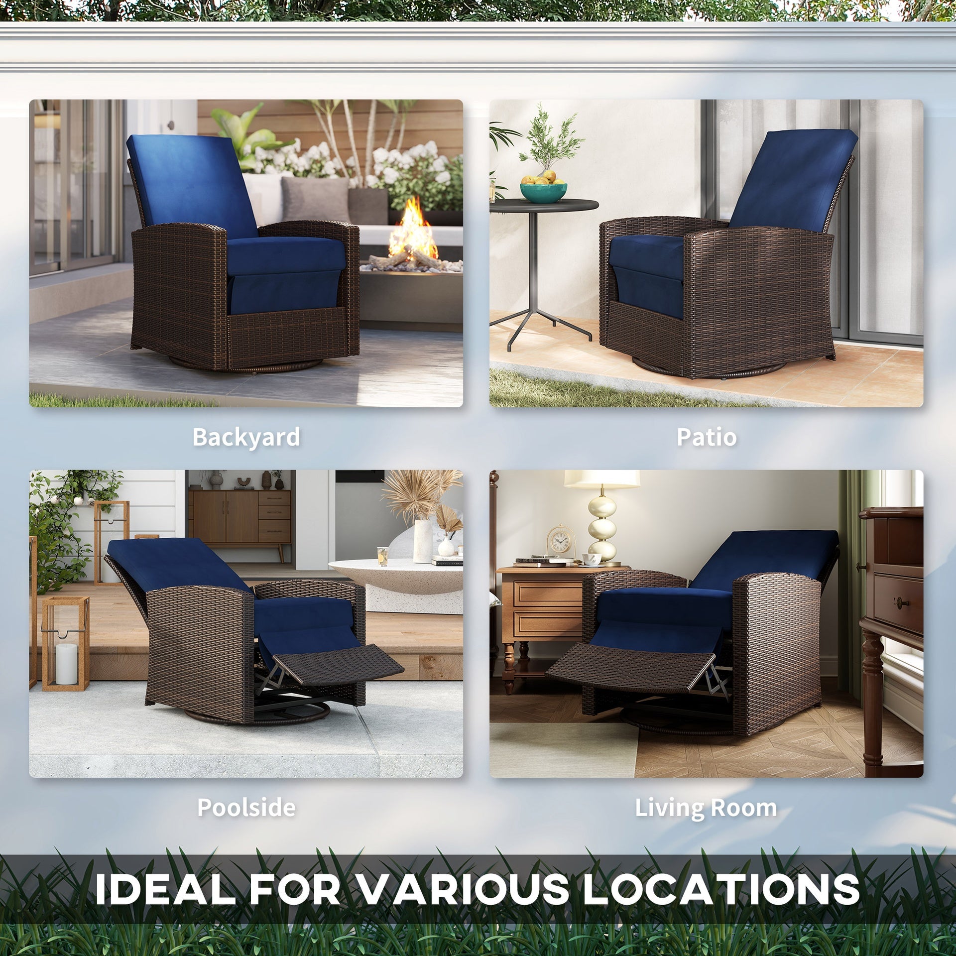 Outsunny Outdoor Wicker Chair, Reclining Backrest, Lifting Footrest, 360° Rotating Basic, Water Resistant Cushions, Dark Blue