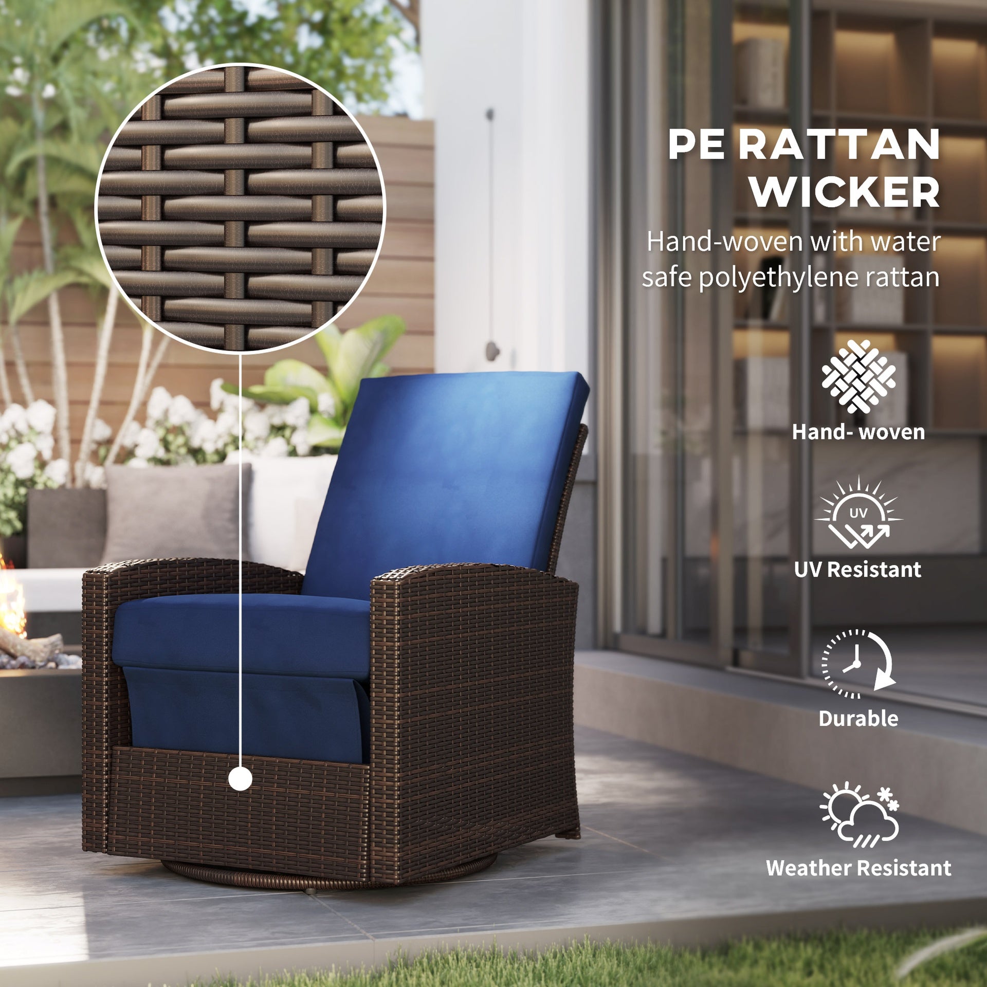 Outsunny Outdoor Wicker Chair, Reclining Backrest, Lifting Footrest, 360° Rotating Basic, Water Resistant Cushions, Dark Blue