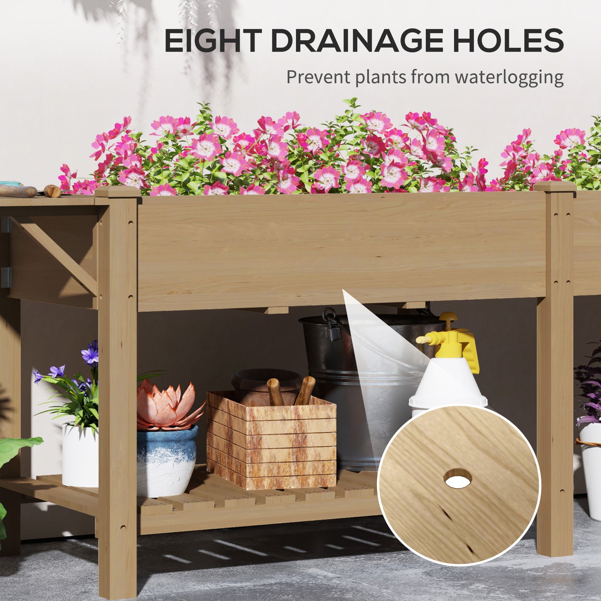 Outsunny Wood Raised Garden Box, Elevated Garden Bed with Side Table, Bottom Shelf, Bed Liners and Drainage Holes, Carbonized