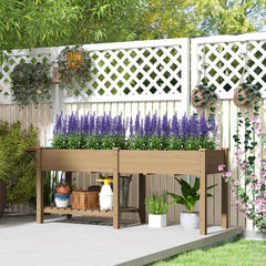 Outsunny Wood Raised Garden Box, Elevated Garden Bed with Side Table, Bottom Shelf, Bed Liners and Drainage Holes, Carbonized