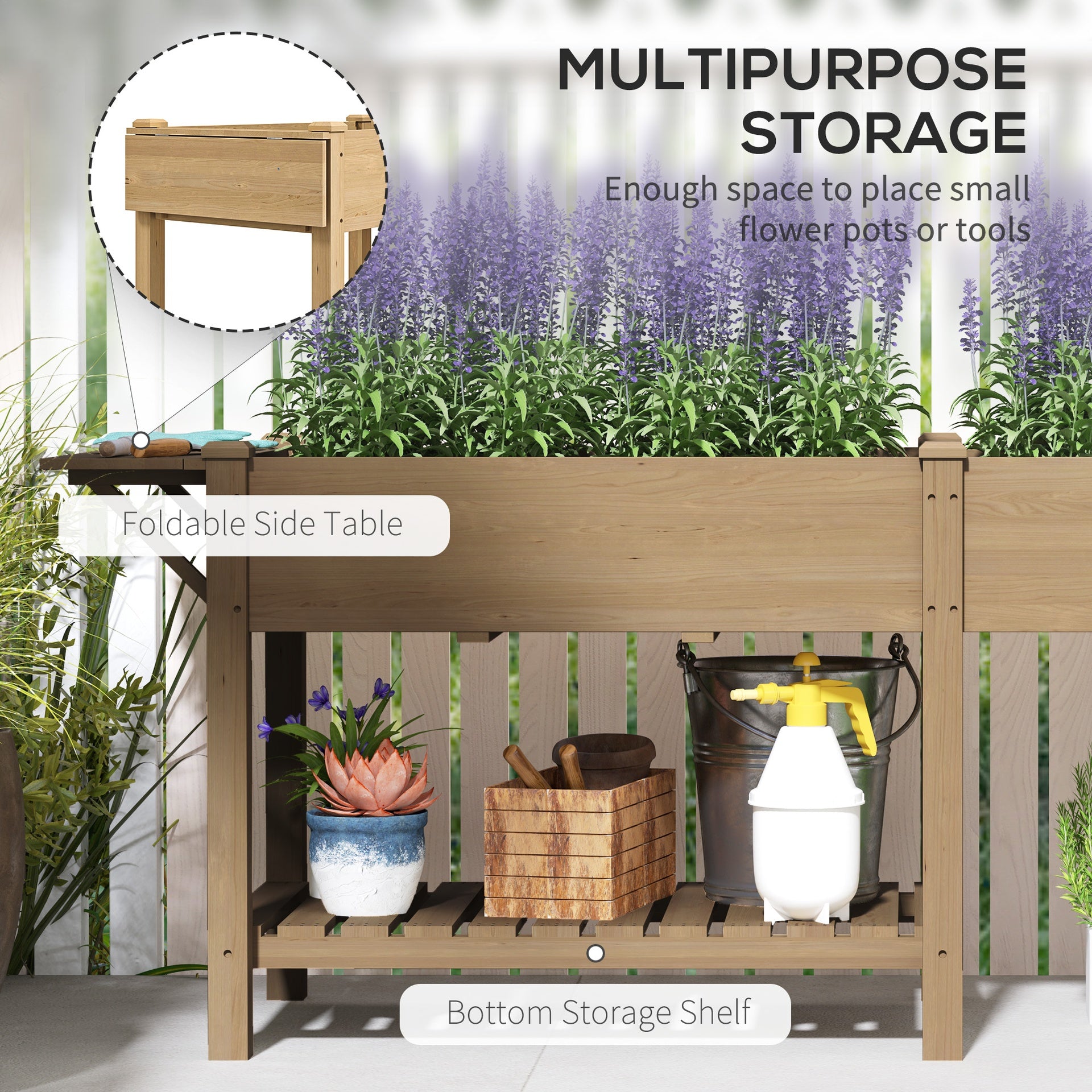 Outsunny Wood Raised Garden Box, Elevated Garden Bed with Side Table, Bottom Shelf, Bed Liners and Drainage Holes, Carbonized