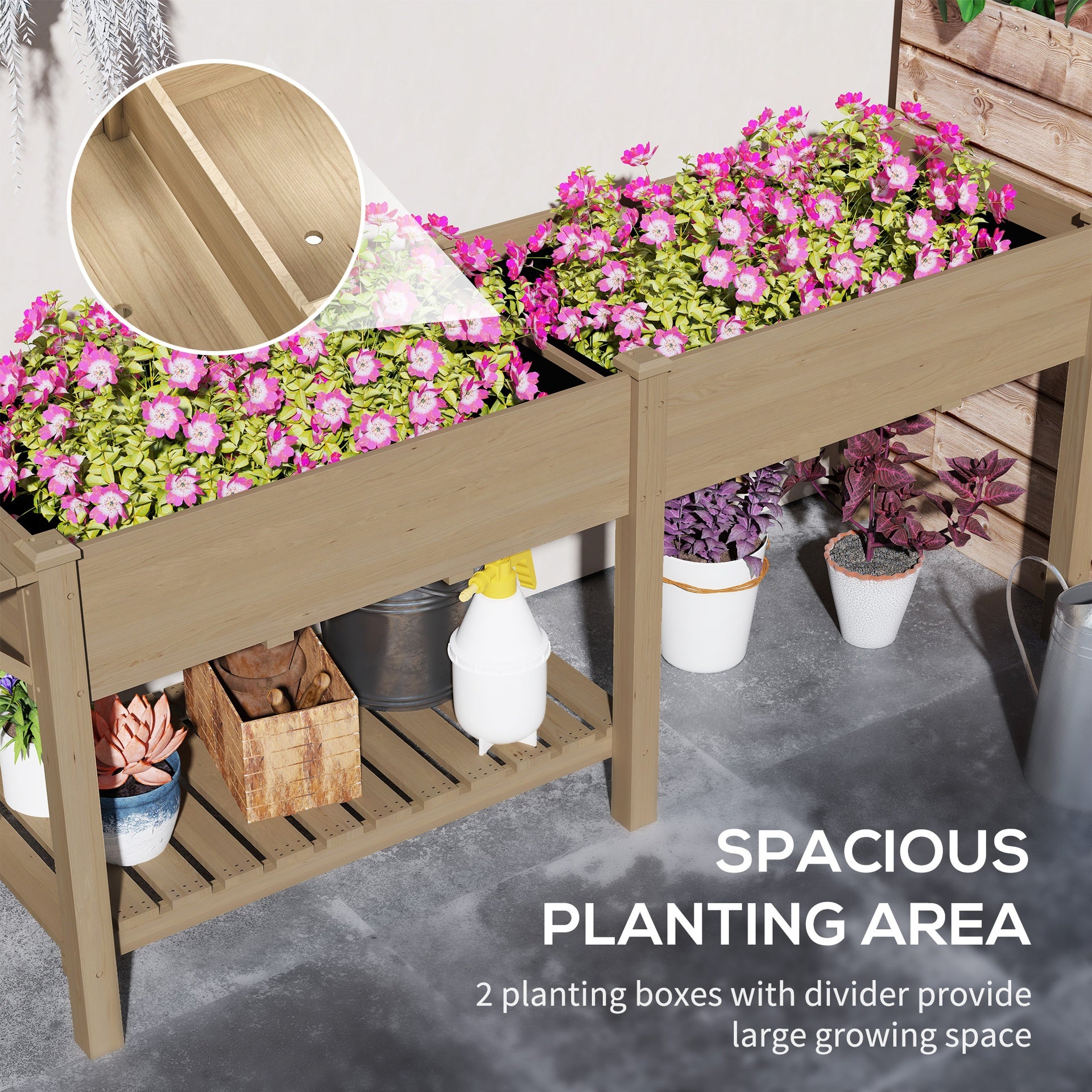 Outsunny Wood Raised Garden Box, Elevated Garden Bed with Side Table, Bottom Shelf, Bed Liners and Drainage Holes, Carbonized