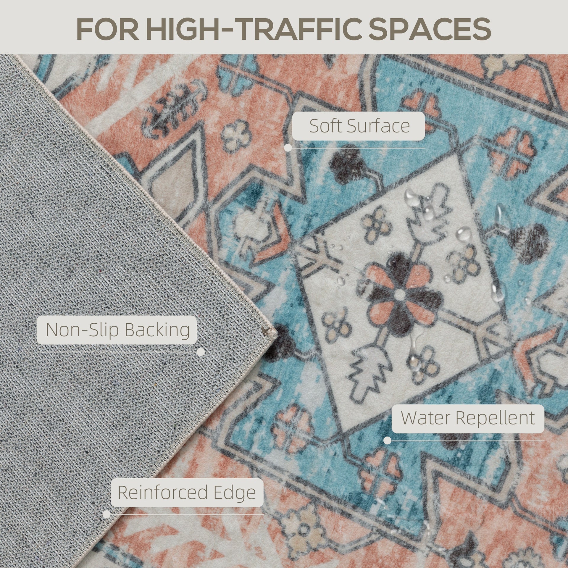 HOMCOM 8x10 Area Rug, Vintage Machine Washable Rug, Non-Slip Floor Carpet for Living Room, Bedroom, Dining Room, Brown and Blue