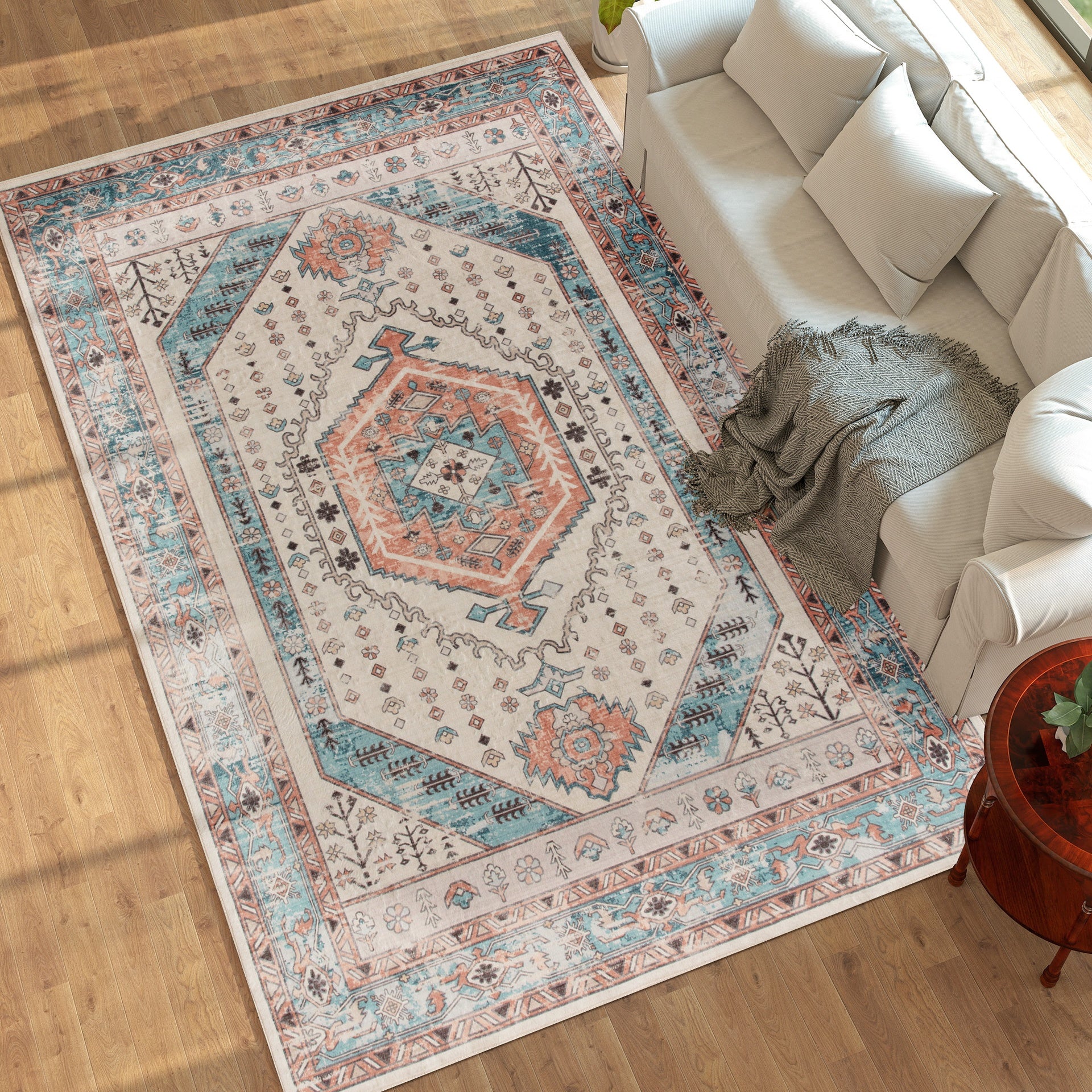 HOMCOM 8x10 Area Rug, Vintage Machine Washable Rug, Non-Slip Floor Carpet for Living Room, Bedroom, Dining Room, Brown and Blue