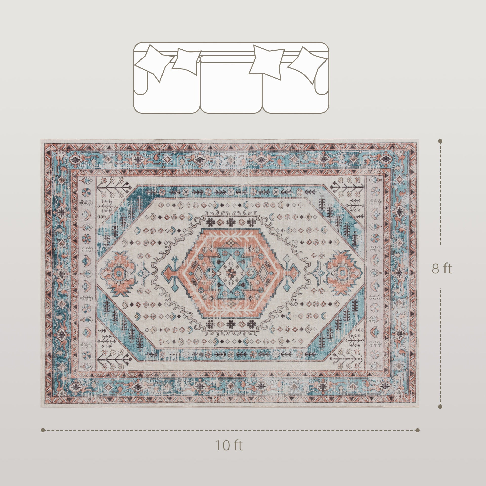 HOMCOM 8x10 Area Rug, Vintage Machine Washable Rug, Non-Slip Floor Carpet for Living Room, Bedroom, Dining Room, Brown and Blue