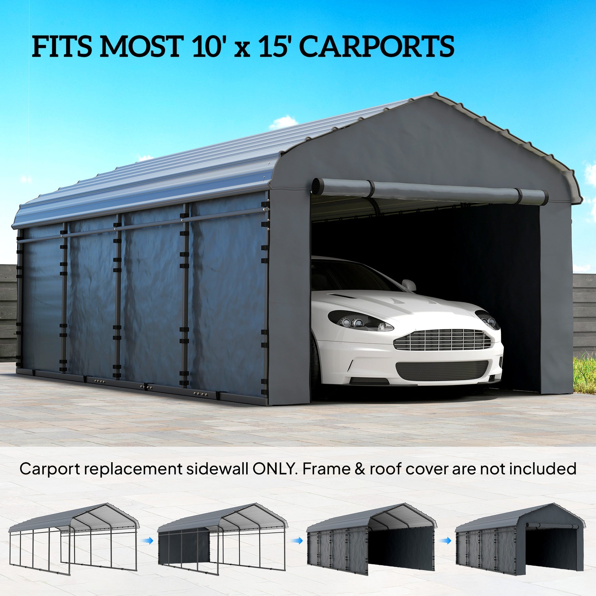 Outsunny Carport Replacement Sidewall Panel for 10' x 15' Carports, UPF50+ Waterproof Replacement Side Wall Cover, Dark Gray