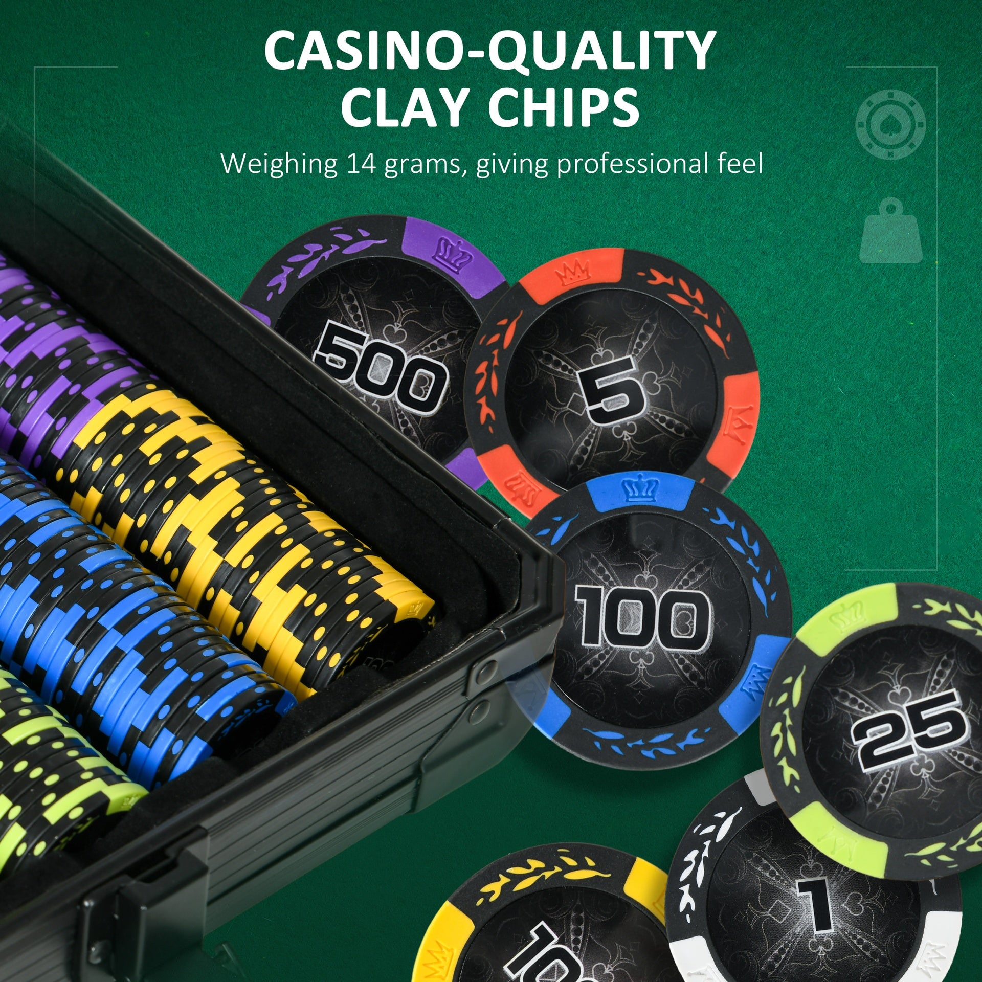 Soozier 500PCs 14 Gram Clay Poker Chips Set Casino Poker Chips with Aluminum Case, Playing Cards, Dealer Button, 5 Dices
