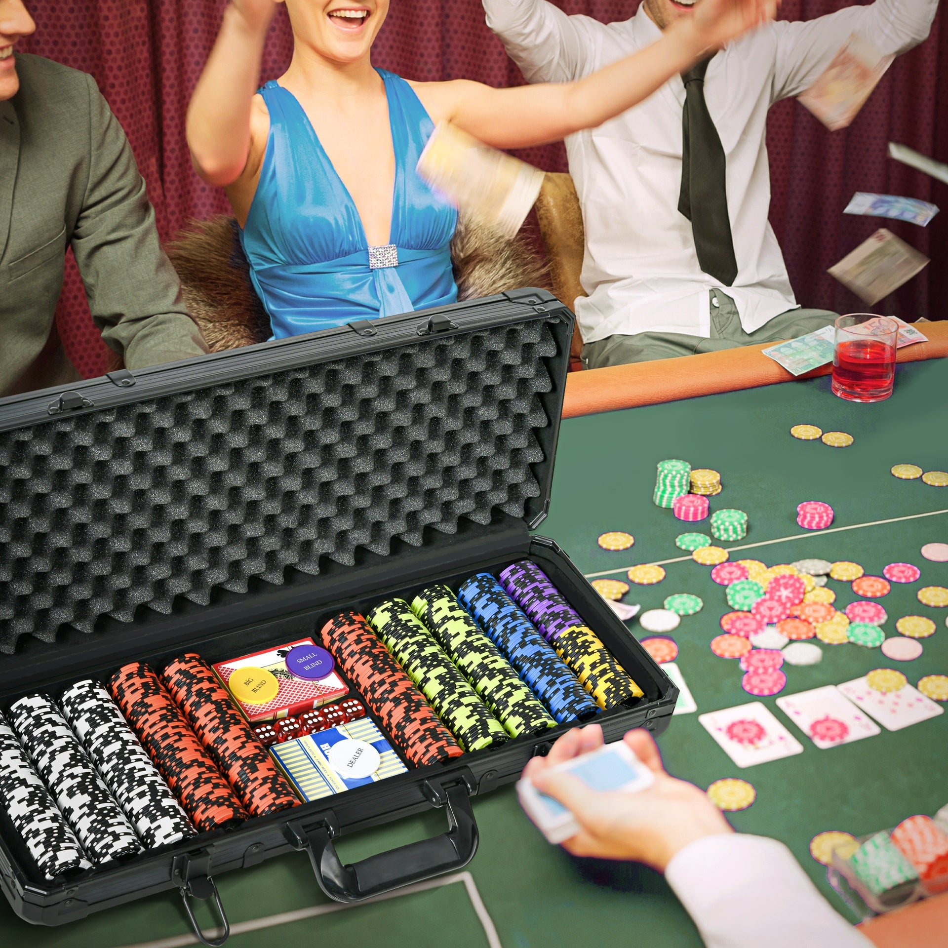 Soozier 500PCs 14 Gram Clay Poker Chips Set Casino Poker Chips with Aluminum Case, Playing Cards, Dealer Button, 5 Dices