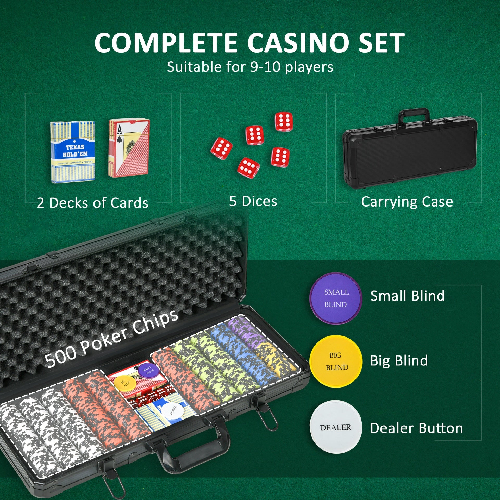Soozier 500PCs 14 Gram Clay Poker Chips Set Casino Poker Chips with Aluminum Case, Playing Cards, Dealer Button, 5 Dices