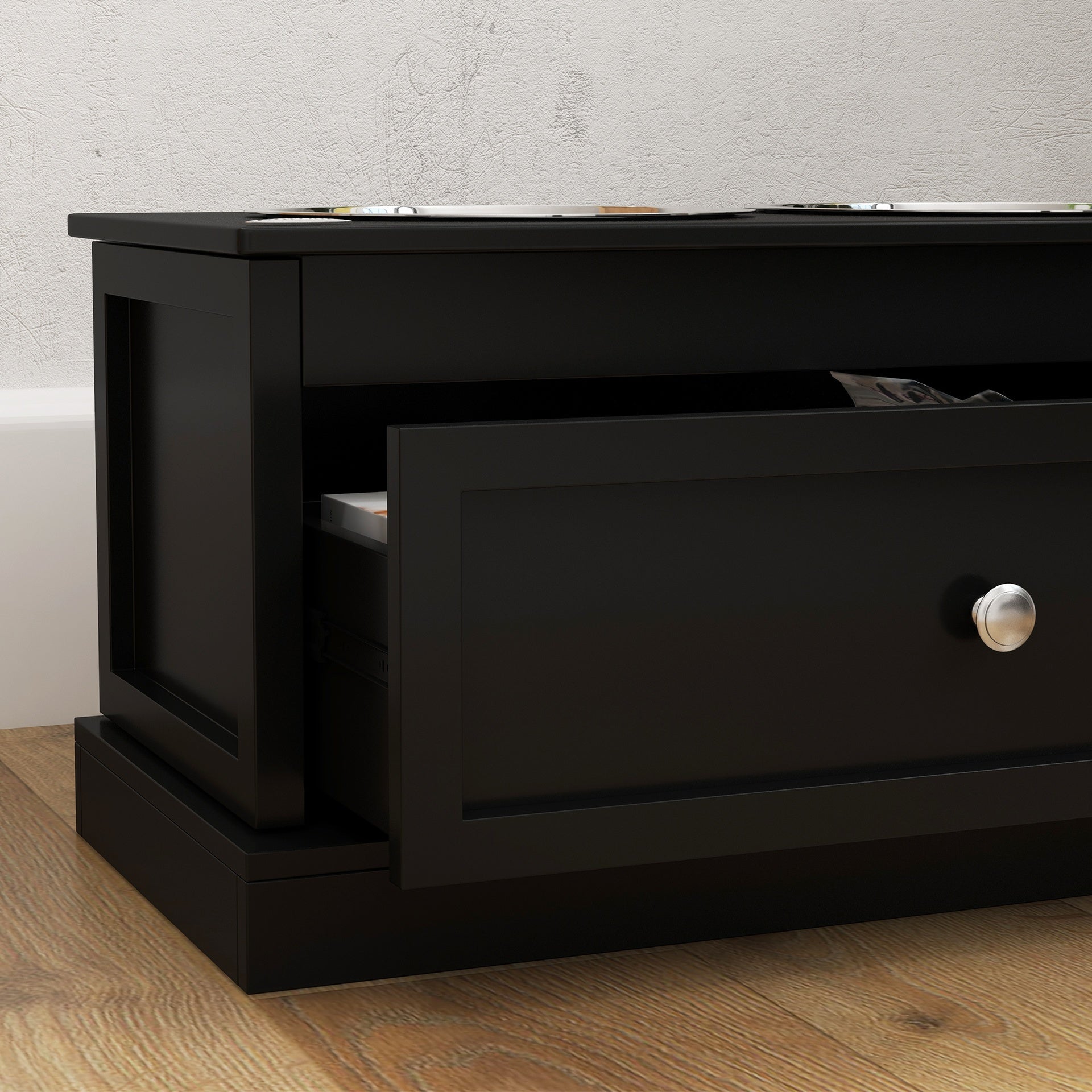 PawHut Elevated Dog Bowls with Storage Drawer, Raised Dog Bowl Stand Pet Food Bowl Dog Feeding Station, Black