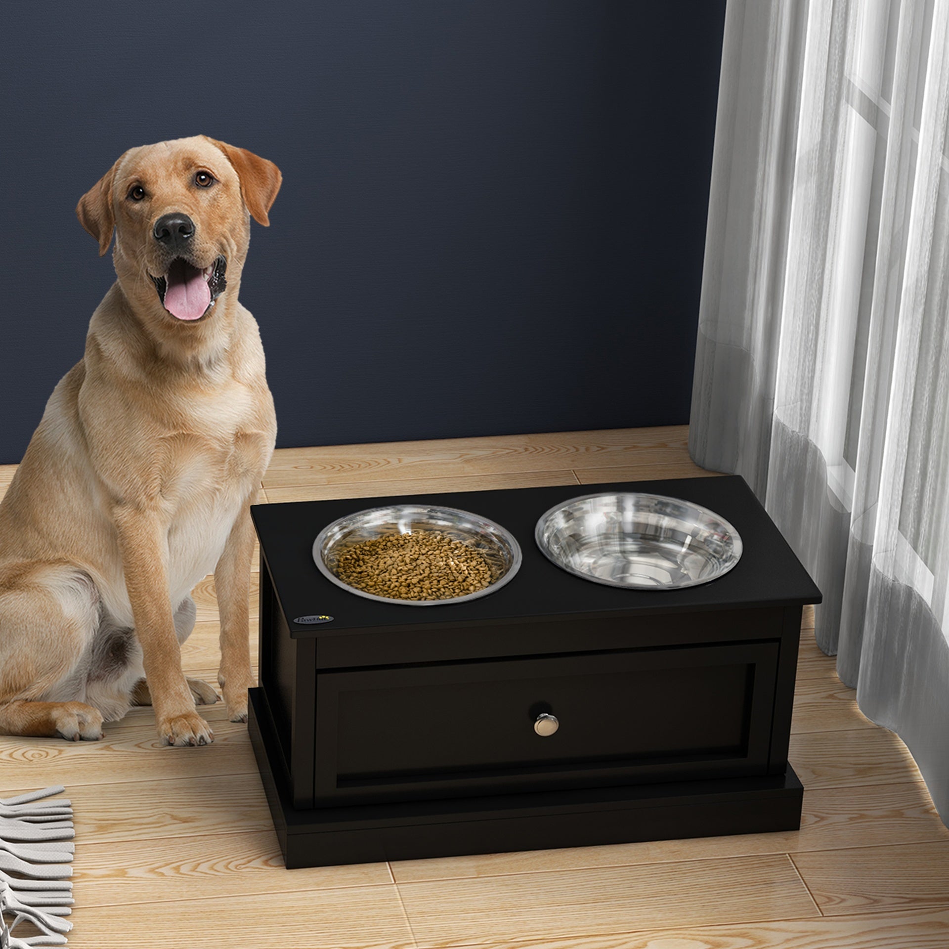 PawHut Elevated Dog Bowls with Storage Drawer, Raised Dog Bowl Stand Pet Food Bowl Dog Feeding Station, Black