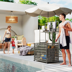 Outsunny Wicker Pool Float Storage Organizer, PE Rattan Pool Float Holder with Basket Shelf Towel Bars, Rolling Pool Caddy for Floaties, Noodles, Life Vests, Beach Balls, Mixed-Gray
