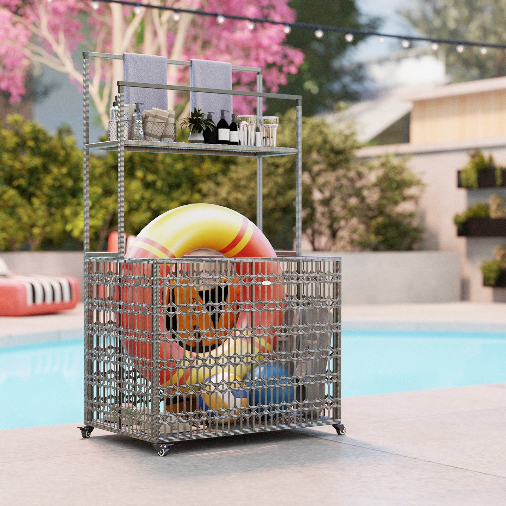 Outsunny Wicker Pool Float Storage Organizer, PE Rattan Pool Float Holder with Basket Shelf Towel Bars, Rolling Pool Caddy for Floaties, Noodles, Life Vests, Beach Balls, Mixed-Gray