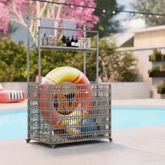 Outsunny Wicker Pool Float Storage Organizer, PE Rattan Pool Float Holder with Basket Shelf Towel Bars, Rolling Pool Caddy for Floaties, Noodles, Life Vests, Beach Balls, Mixed-Gray