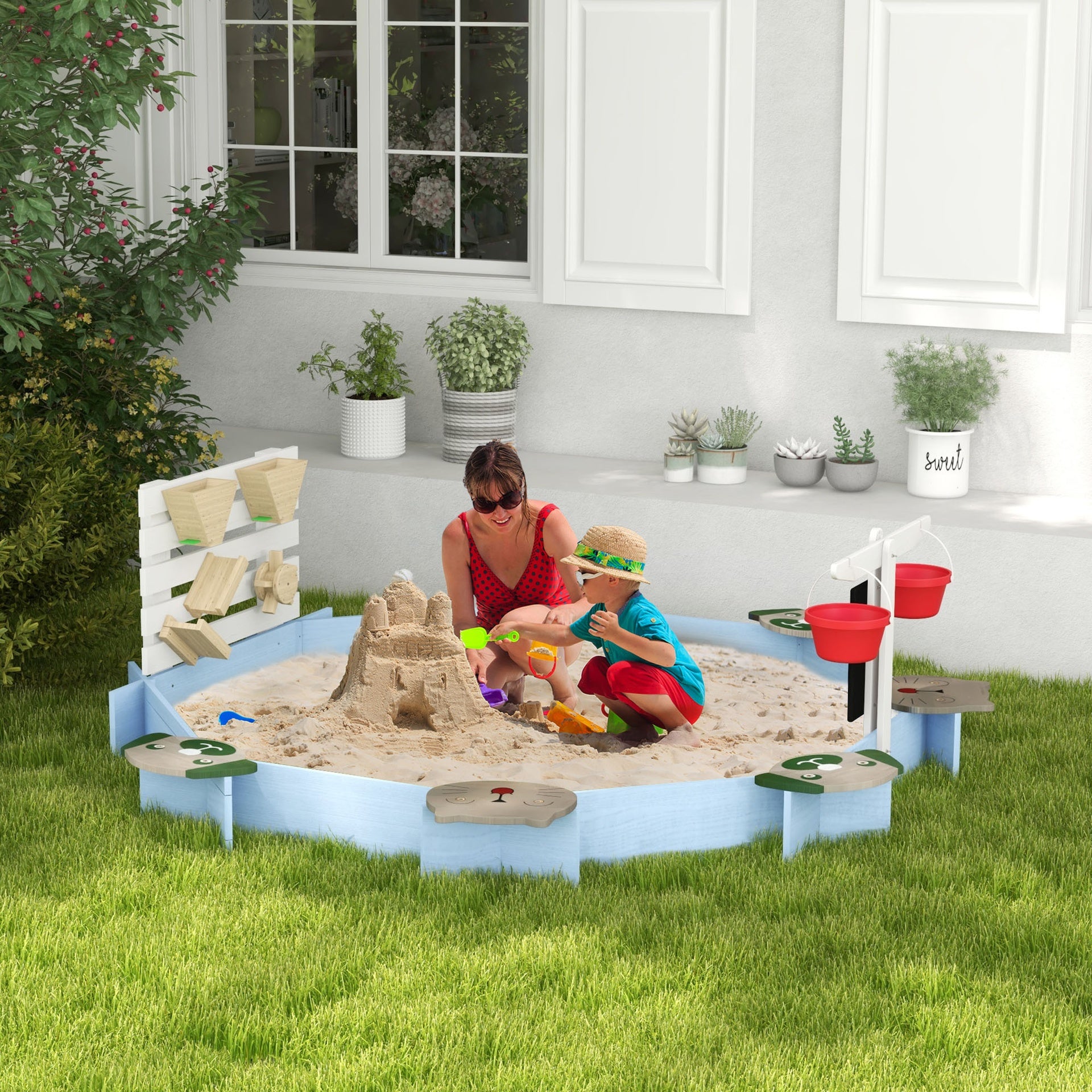 Outsunny Wooden Sandbox for 3-7 Years, 85" x 85" x 25", Blue