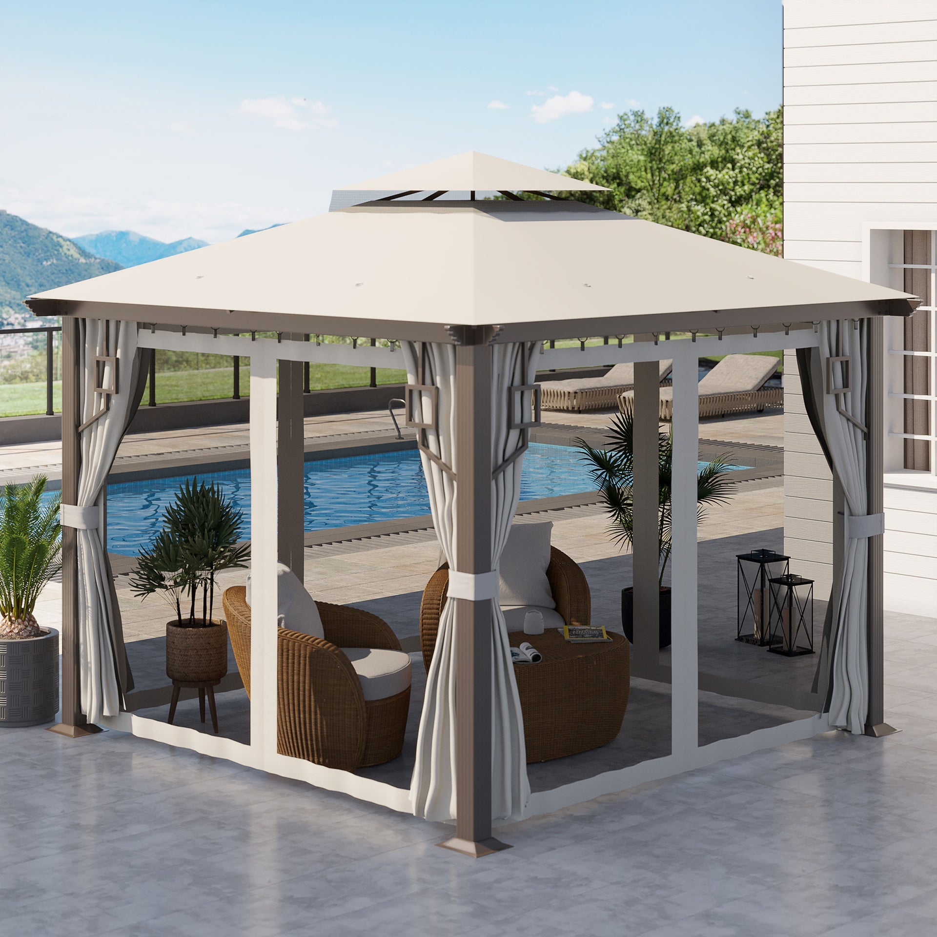 Outsunny 10' x 10' Patio Gazebo, Double Roof Outdoor Gazebo with Privacy Curtains, Mesh Netting, Aluminum Frame Outdoor Canopy Shelter, Cream White