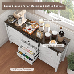 HOMCOM 59" Buffet Cabinet, Farmhouse Sideboard with Thick Top, 2 Barn Doors, 4 Drawers and 2 Adjustable Shelves, White