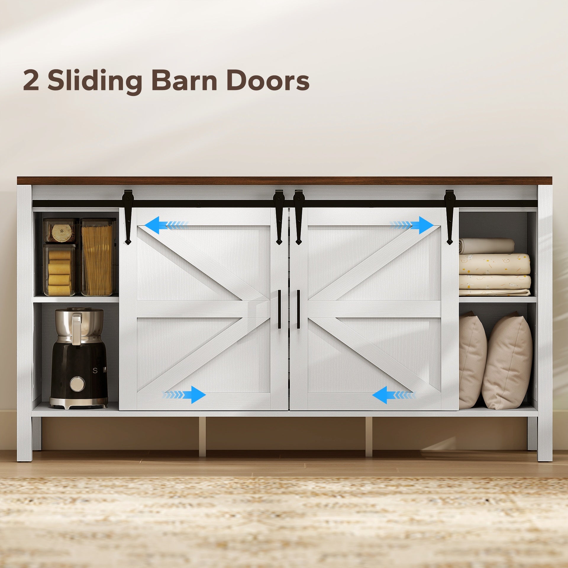HOMCOM 59" Buffet Cabinet, Farmhouse Sideboard with Thick Top, 2 Barn Doors, 4 Drawers and 2 Adjustable Shelves, White