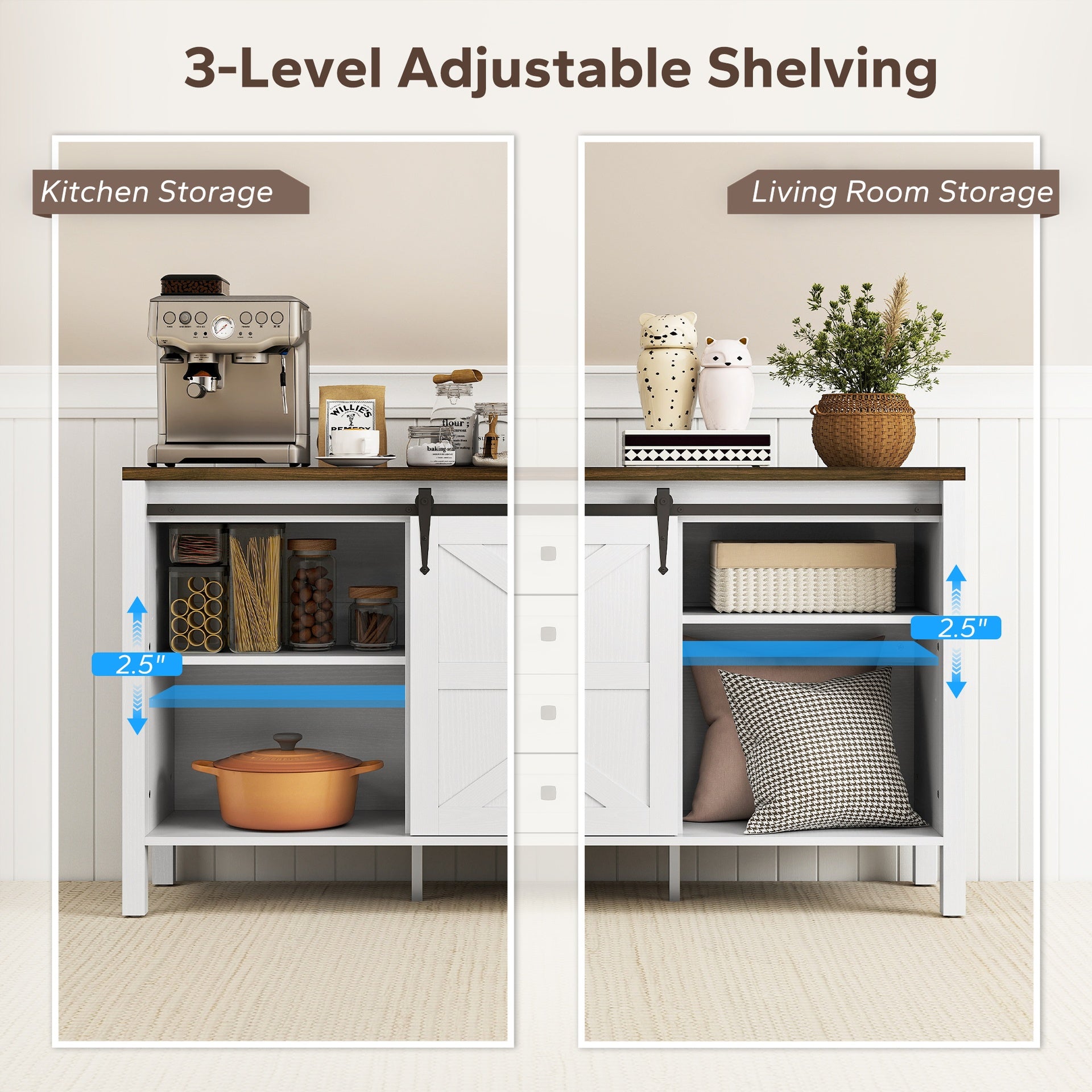 HOMCOM 59" Buffet Cabinet, Farmhouse Sideboard with Thick Top, 2 Barn Doors, 4 Drawers and 2 Adjustable Shelves, White