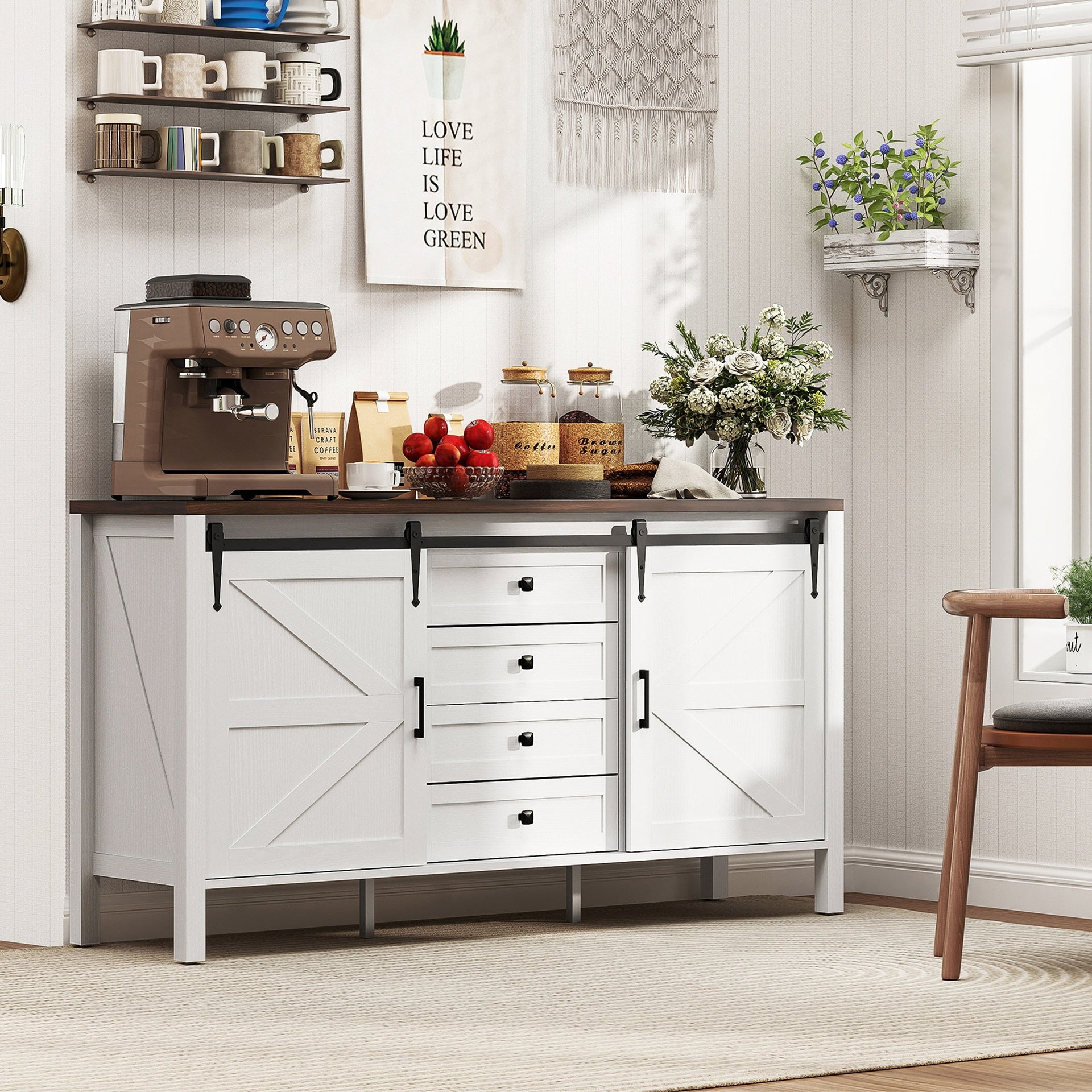 HOMCOM 59" Buffet Cabinet, Farmhouse Sideboard with Thick Top, 2 Barn Doors, 4 Drawers and 2 Adjustable Shelves, White