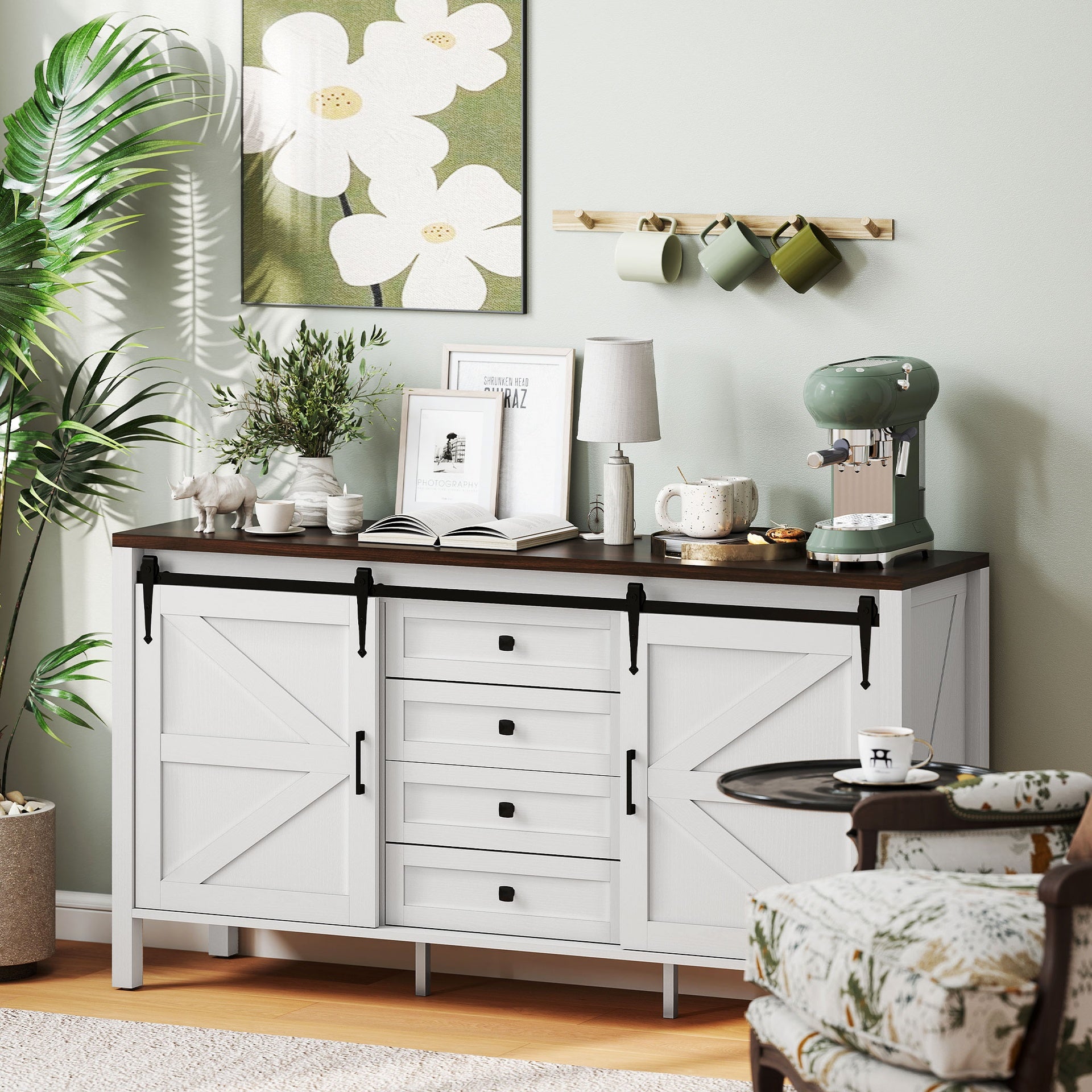 HOMCOM 59" Buffet Cabinet, Farmhouse Sideboard with Thick Top, 2 Barn Doors, 4 Drawers and 2 Adjustable Shelves, White