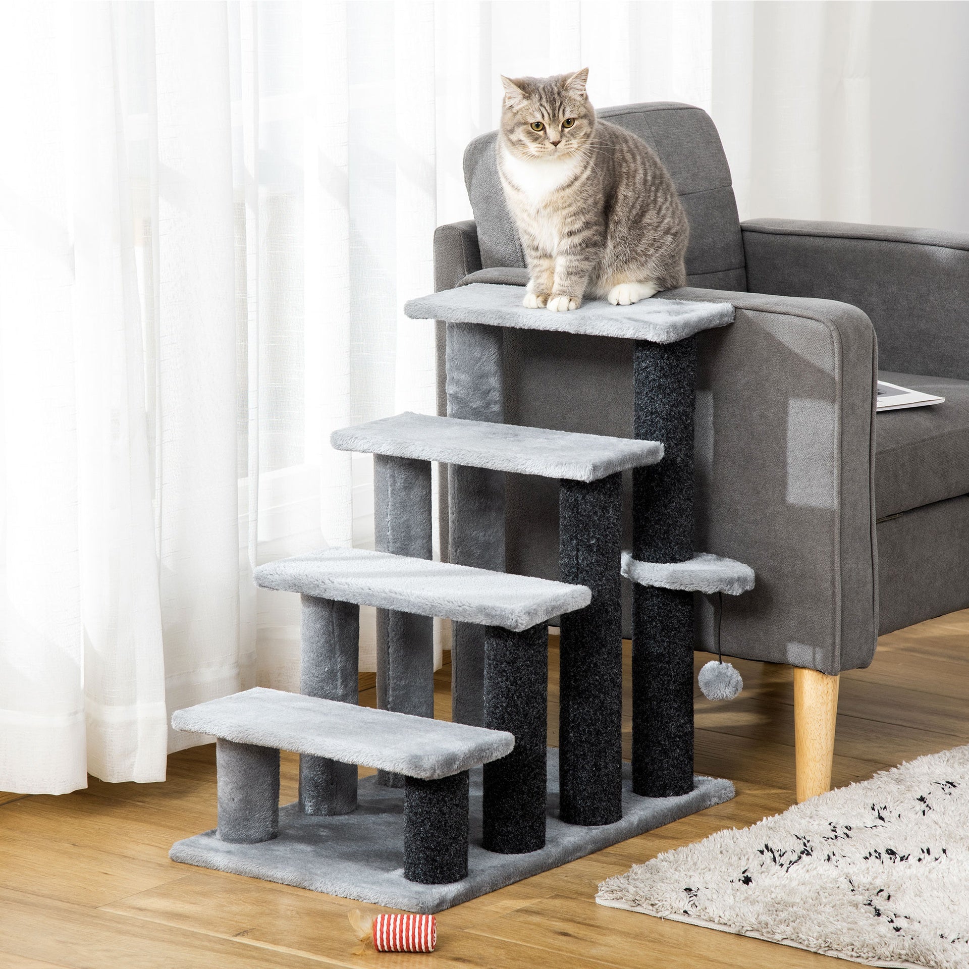 PawHut Cat Tree, Cat Tower Cat Stair Steps with Scratching Post, Hanging Play Ball for High Bed, Sofa, Indoor / Outdoor