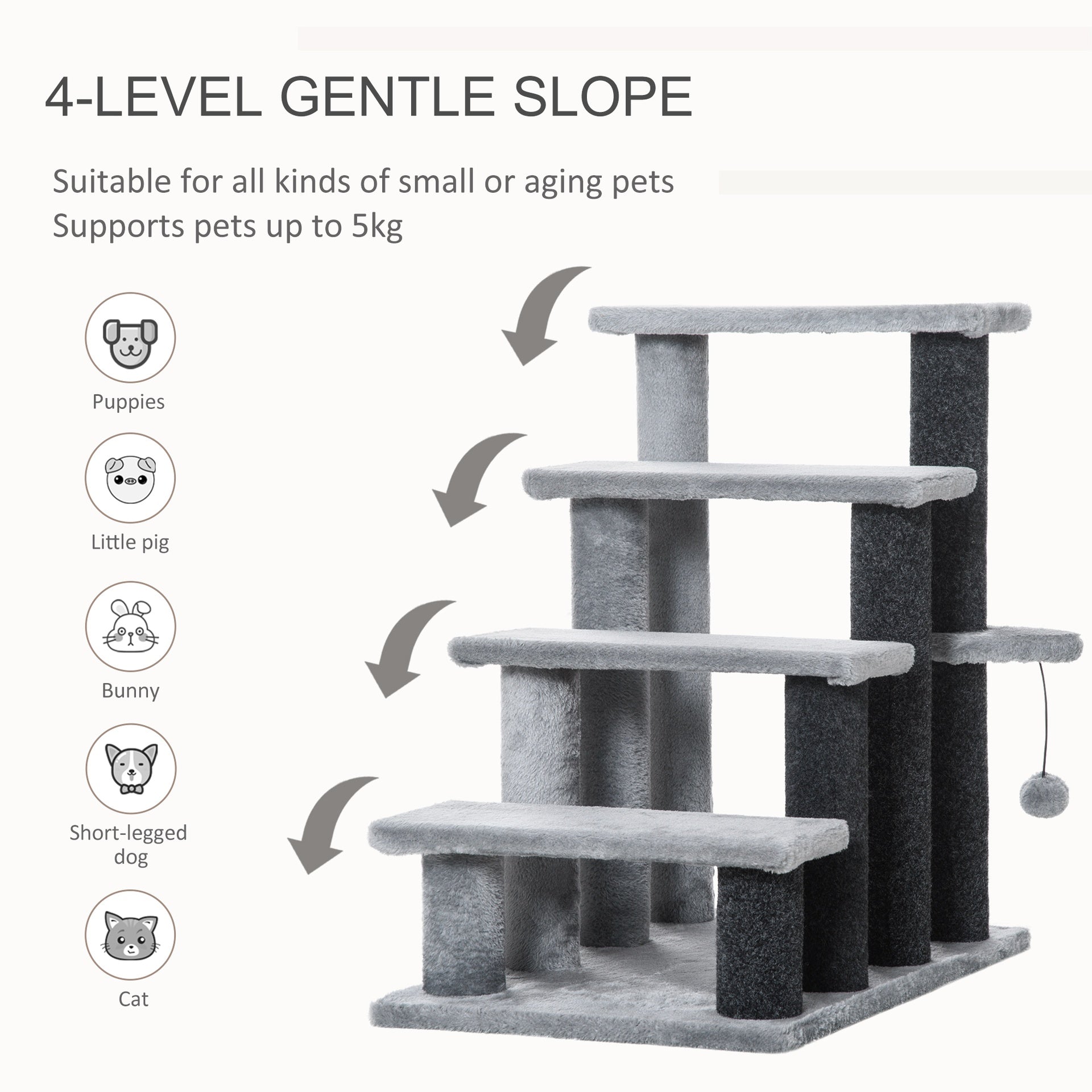 PawHut Cat Tree, Cat Tower Cat Stair Steps with Scratching Post, Hanging Play Ball for High Bed, Sofa, Indoor / Outdoor