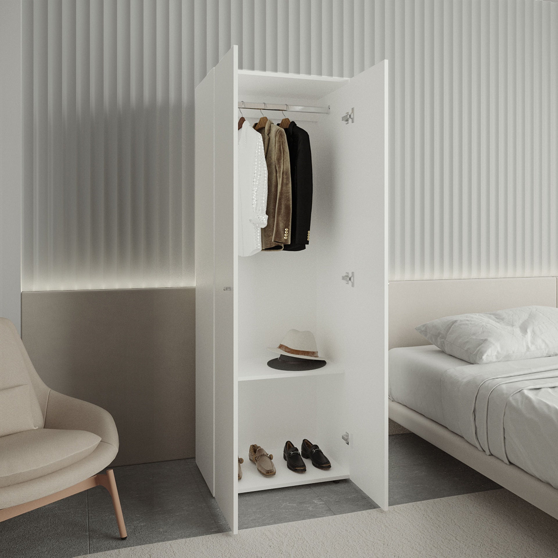 Home 2 Doors Closet System Armoire, Hanging Rod and Storage Shelf, Modern Armoire for Bedroom Organization Storage, White