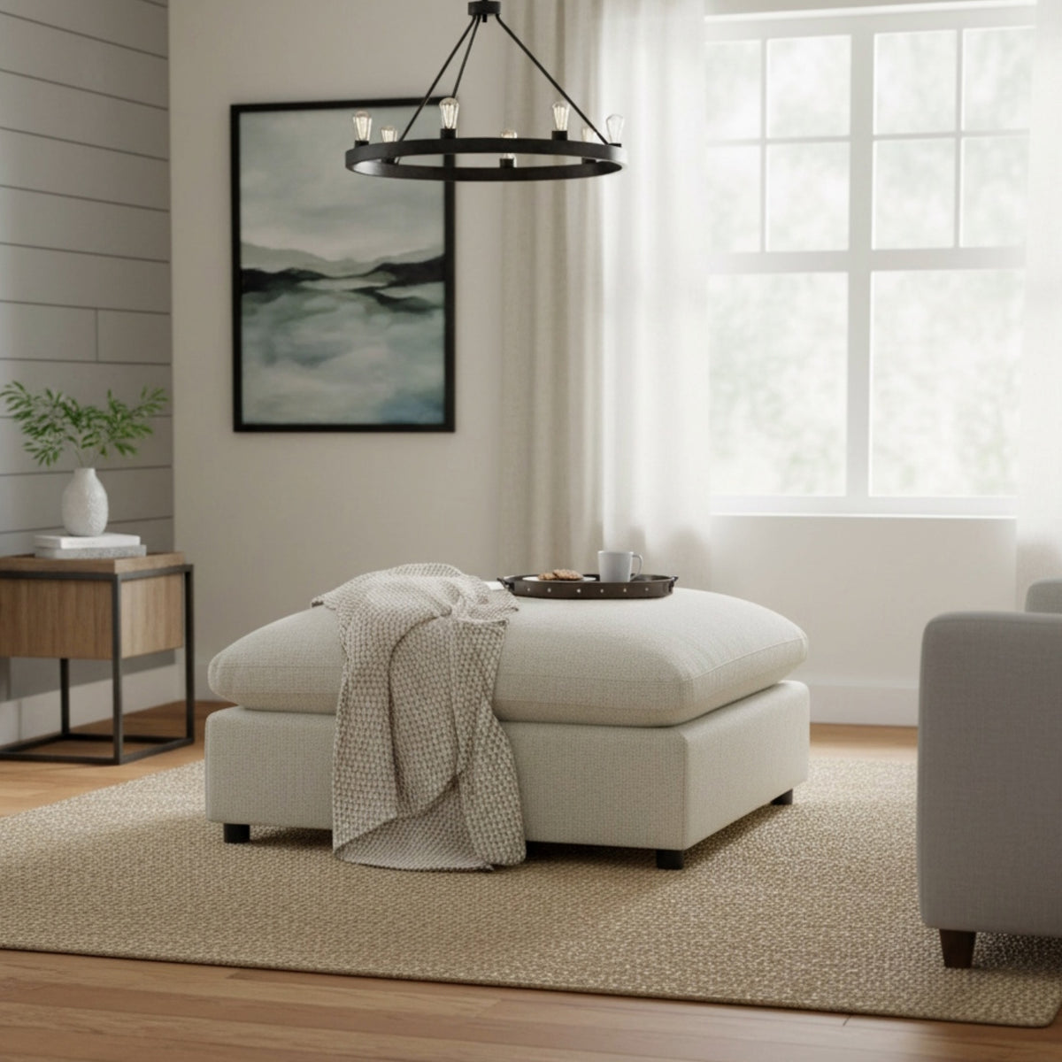 Cassandra Beige Fabric 40 in. Square Ottoman