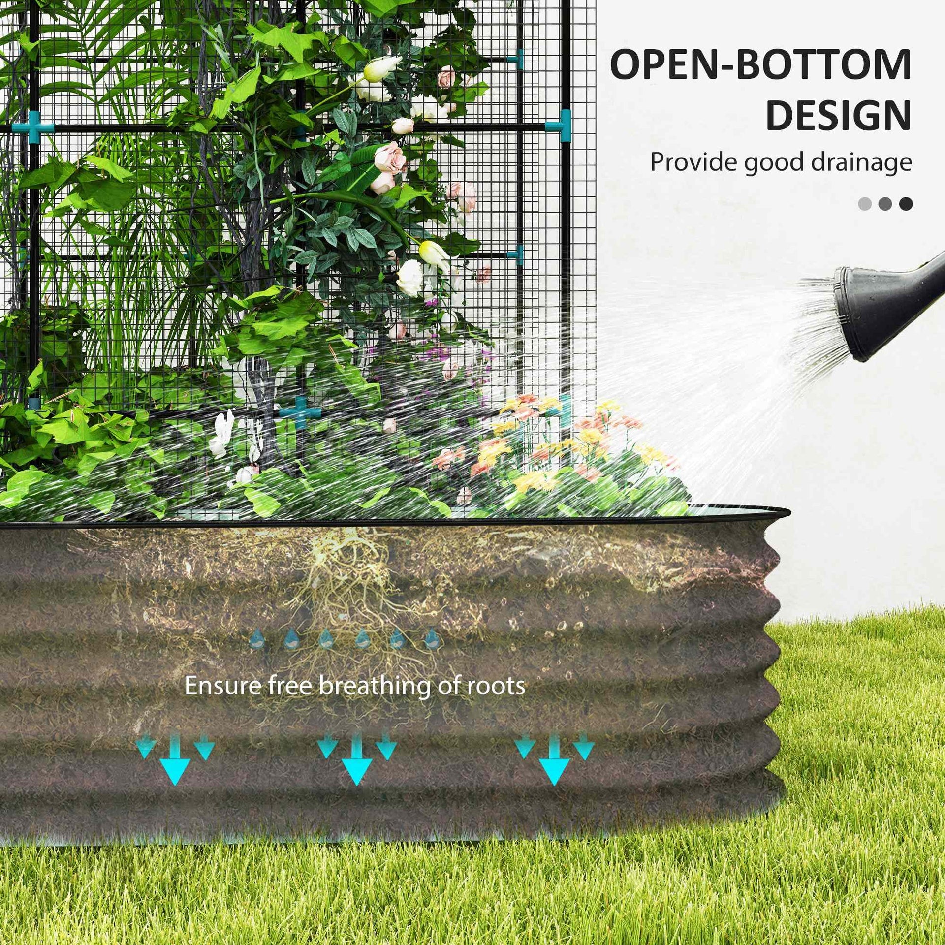 Outsunny Raised Garden Beds Set with Arch Trellis, Climbing Net, Galvanized Planter Box for Climbing Vegetables Flowers Herbs
