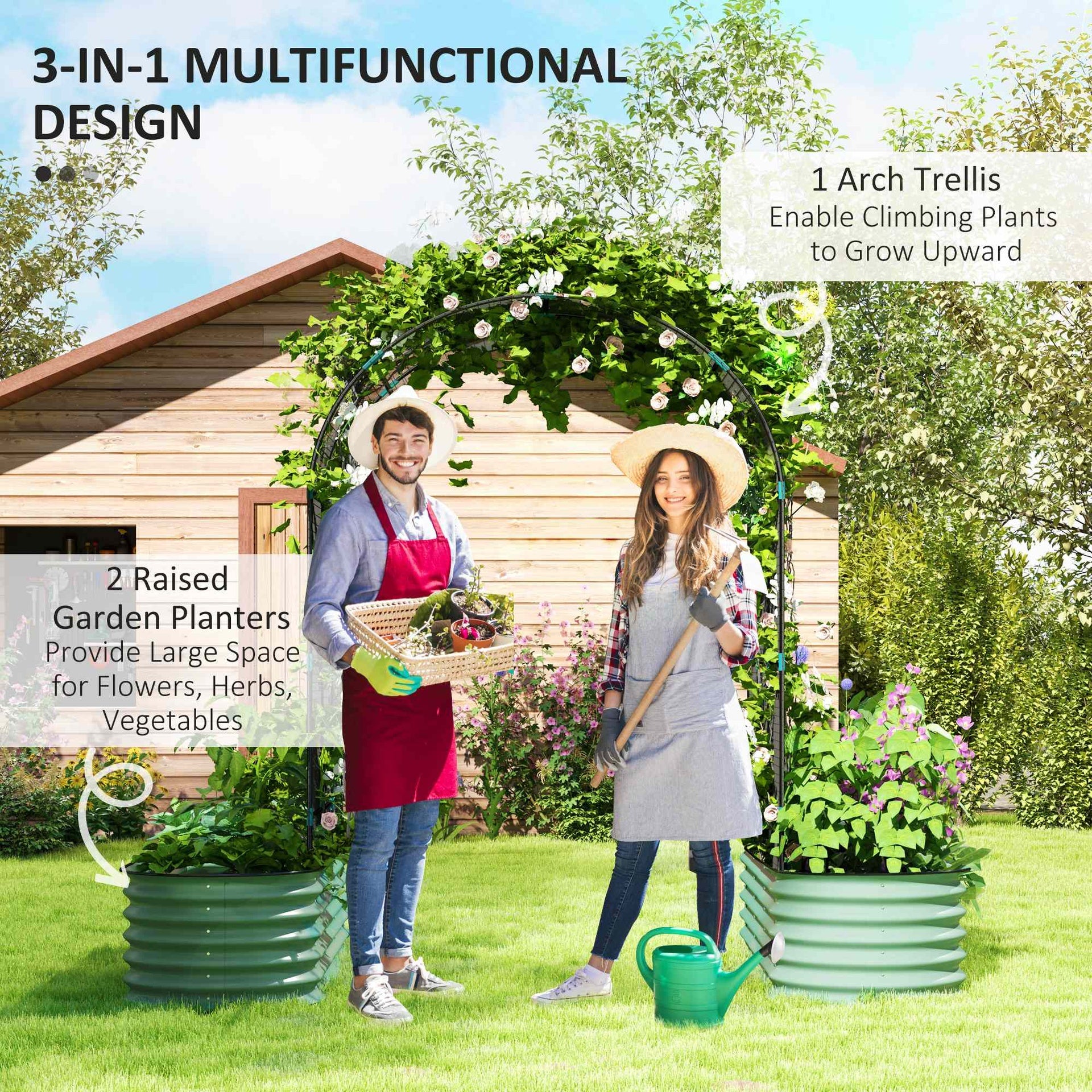 Outsunny Raised Garden Beds Set with Arch Trellis, Climbing Net, Galvanized Planter Box for Climbing Vegetables Flowers Herbs