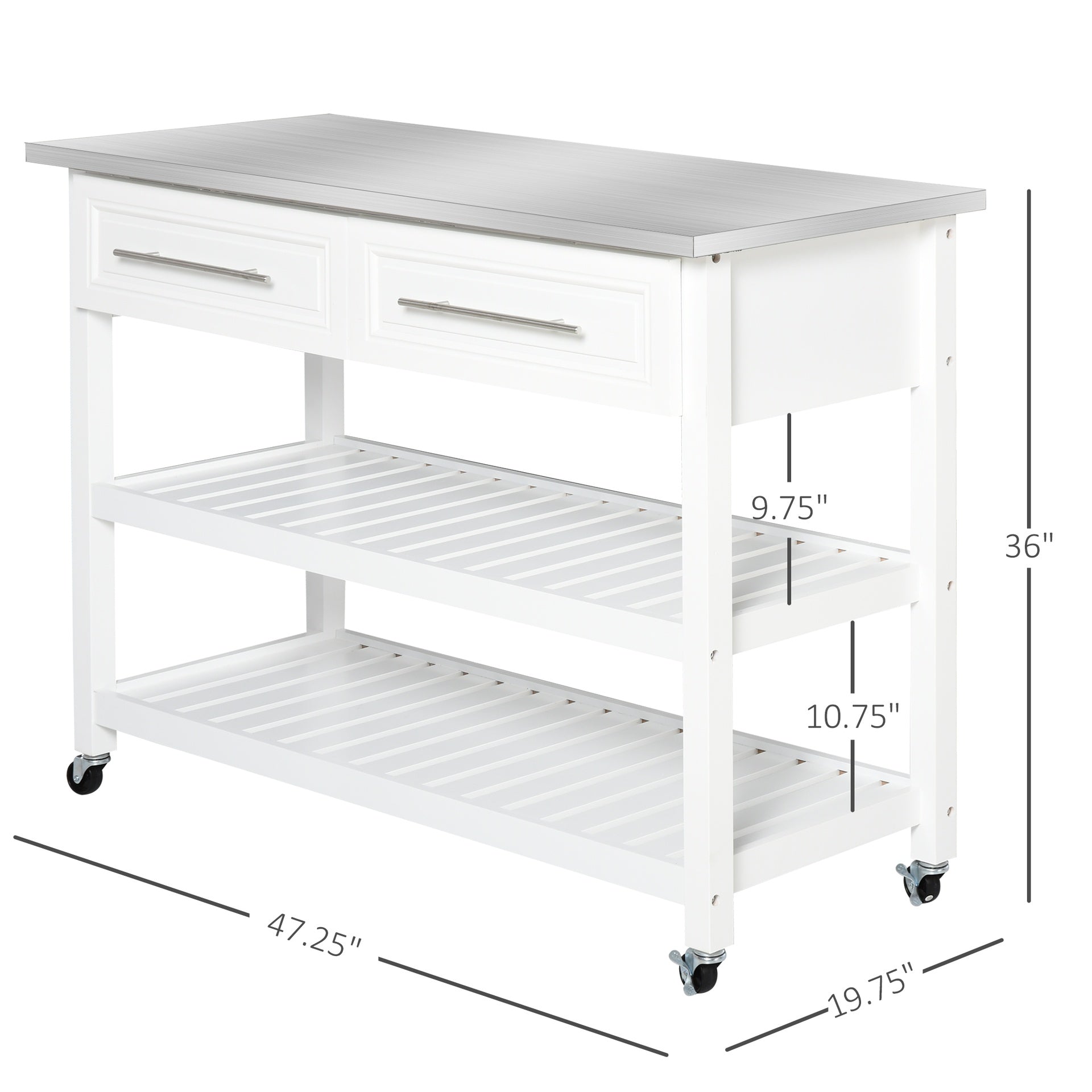 HOMCOM Kitchen Island with Stainless Steel Top, Traditional Kitchen Island with Storage, Butcher Block Cart 2-Tier Open Shelves, Drawers, White