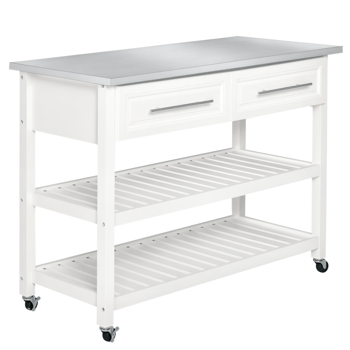 HOMCOM Kitchen Island with Stainless Steel Top, Traditional Kitchen Island with Storage, Butcher Block Cart 2-Tier Open Shelves, Drawers, White