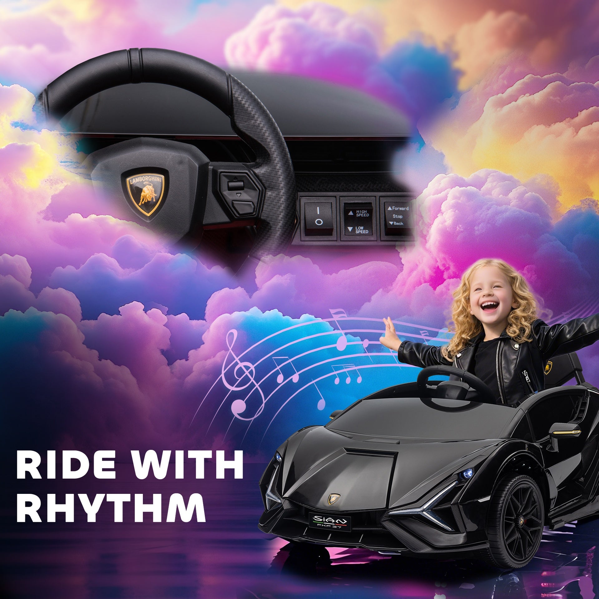 Aosom 12V Lamborghini SIAN Licensed Electric Car for kids with Remote Control, Horn, Music, & Headlights, Black