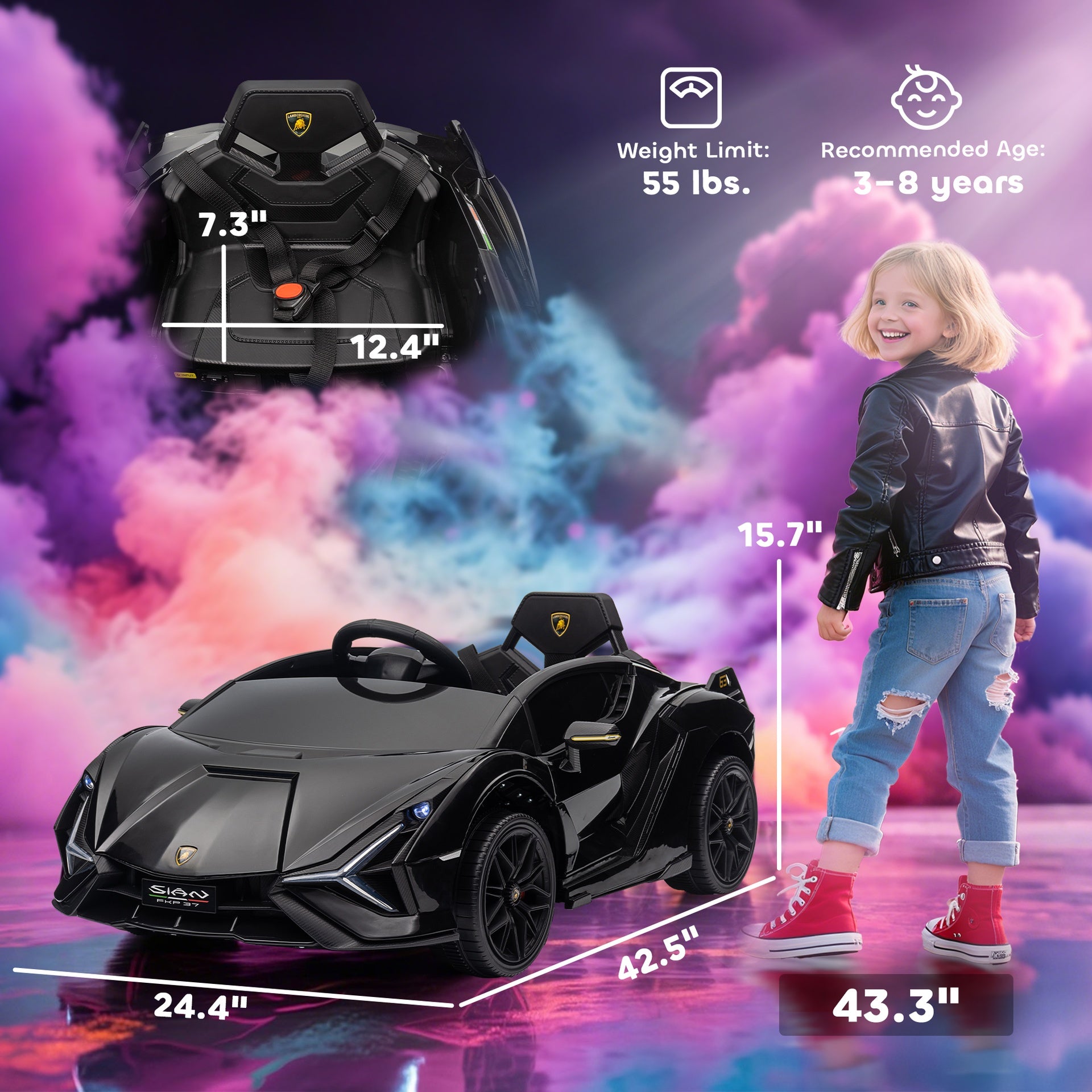 Aosom 12V Lamborghini SIAN Licensed Electric Car for kids with Remote Control, Horn, Music, & Headlights, Black